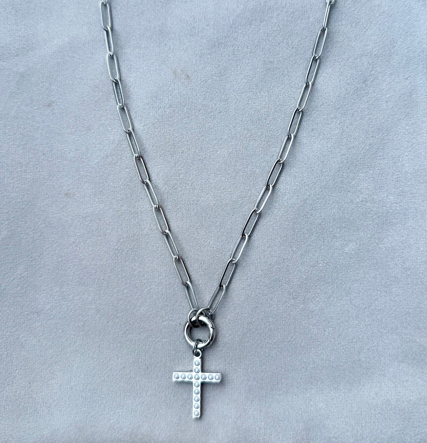 Silver Paperclip Carabiner Charm Holder Necklace with Silver & Pearl Cross Charm