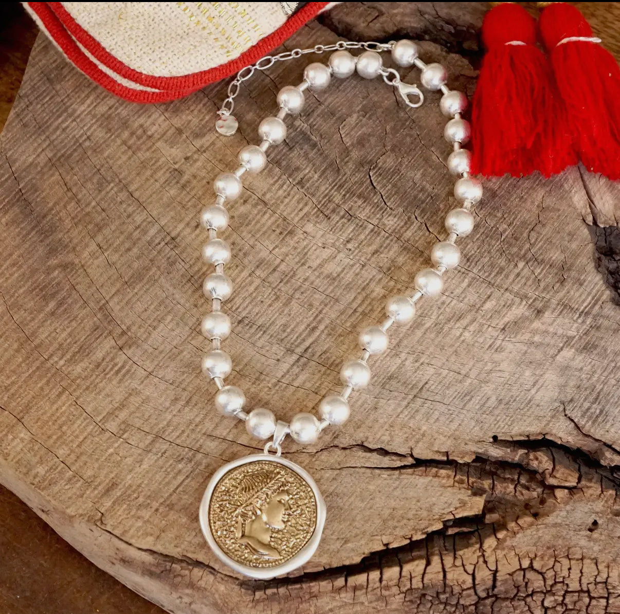 Silver Chunky Ball Chain Statements Necklace with Gold Coin Pendant