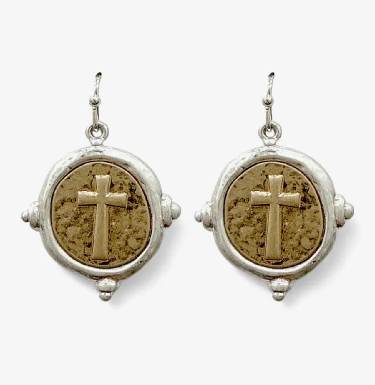 Two-Tone Silver Hammered Circle with Gold Cross.5" Drop Earring