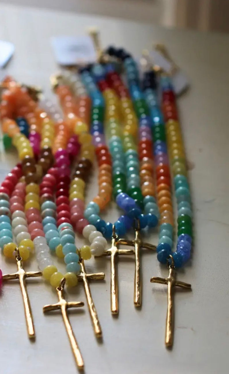 Colorful Beaded Gold Cross Necklace