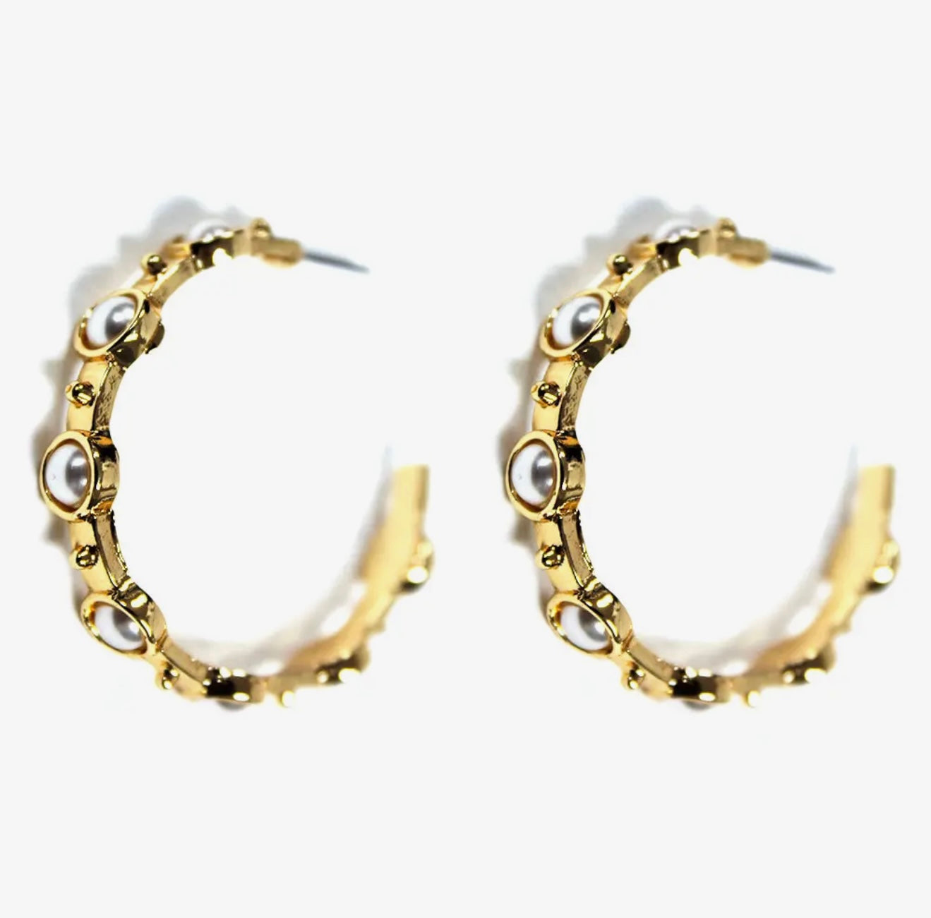 Hammered Gold 2" Hoop with Pearl Studded Stone Earring