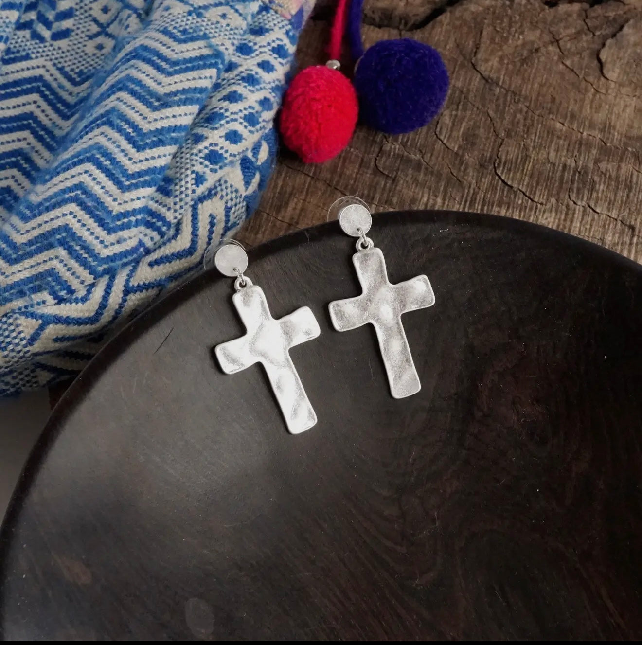 Cross Hammered Distressed Drop Earrings-Silver Tone