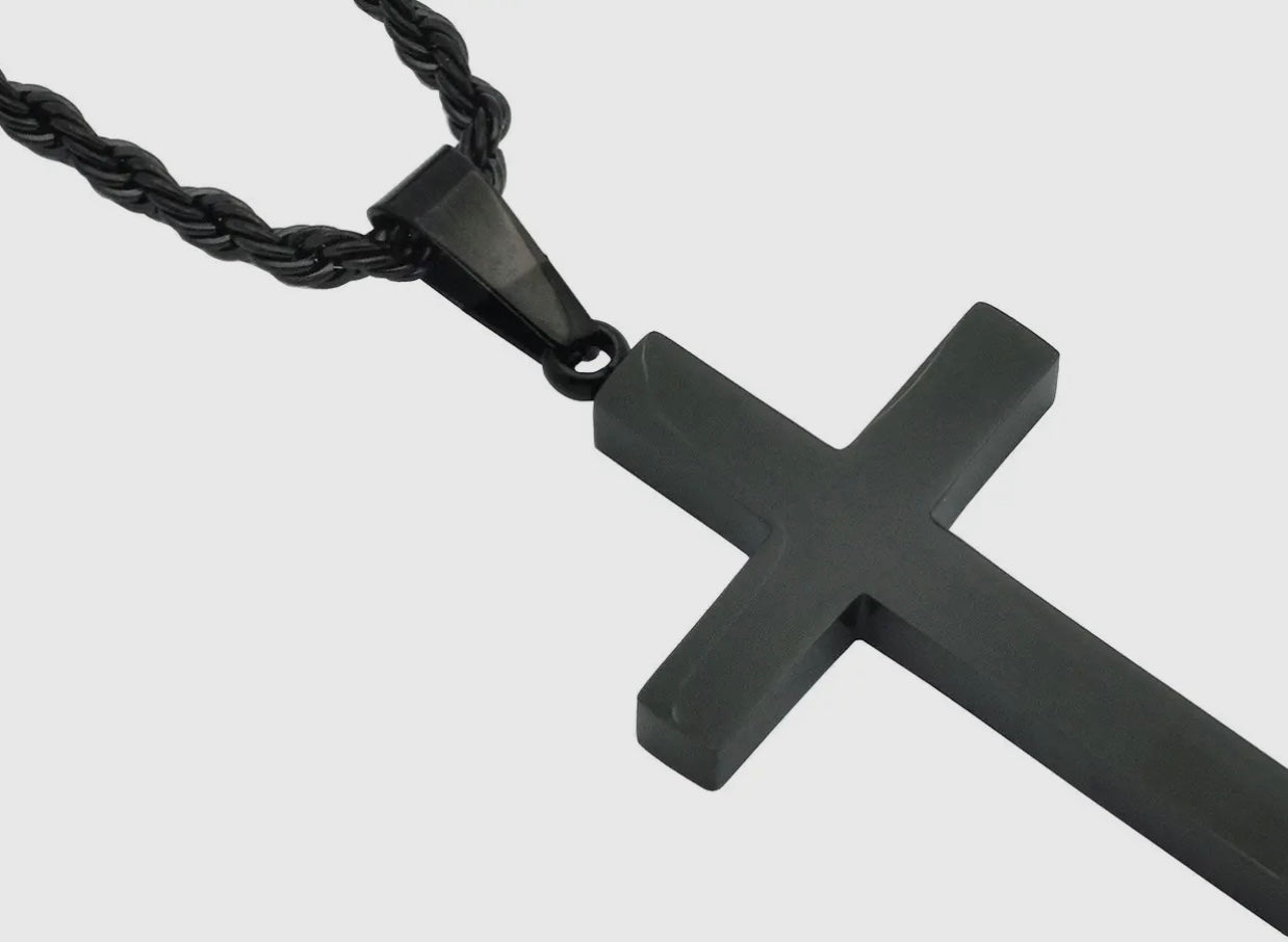 Men's Black S.Steel Cross Pendant W / 24" Rope Chain