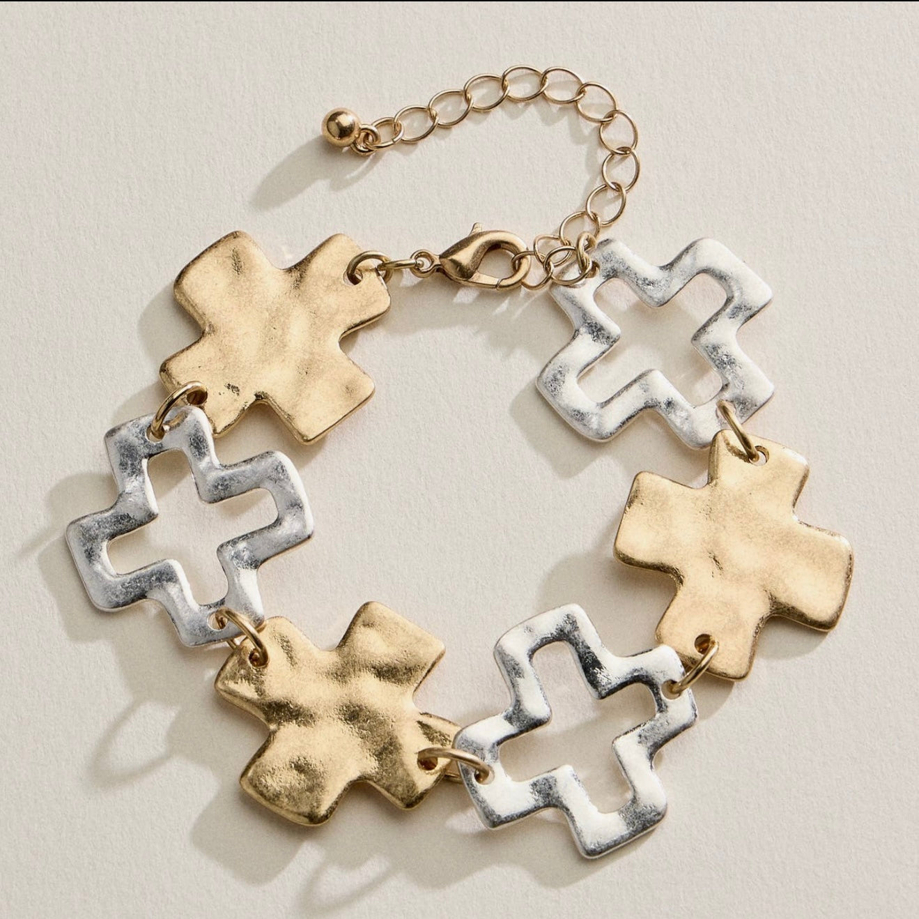 Hammered Two Tone Cross Link Chain Bracelet