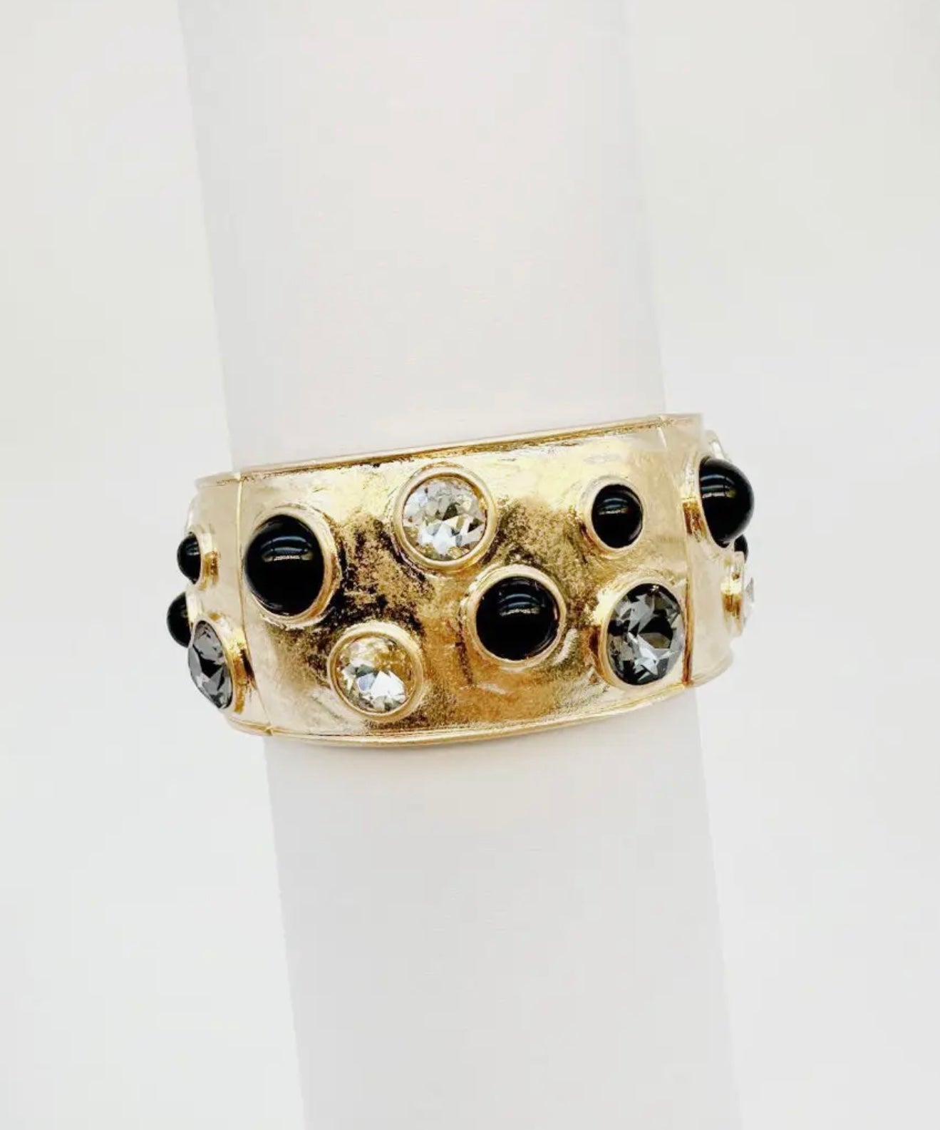 Gold Hammered Bangle with Black, Grey, and Clear Crystal Accents