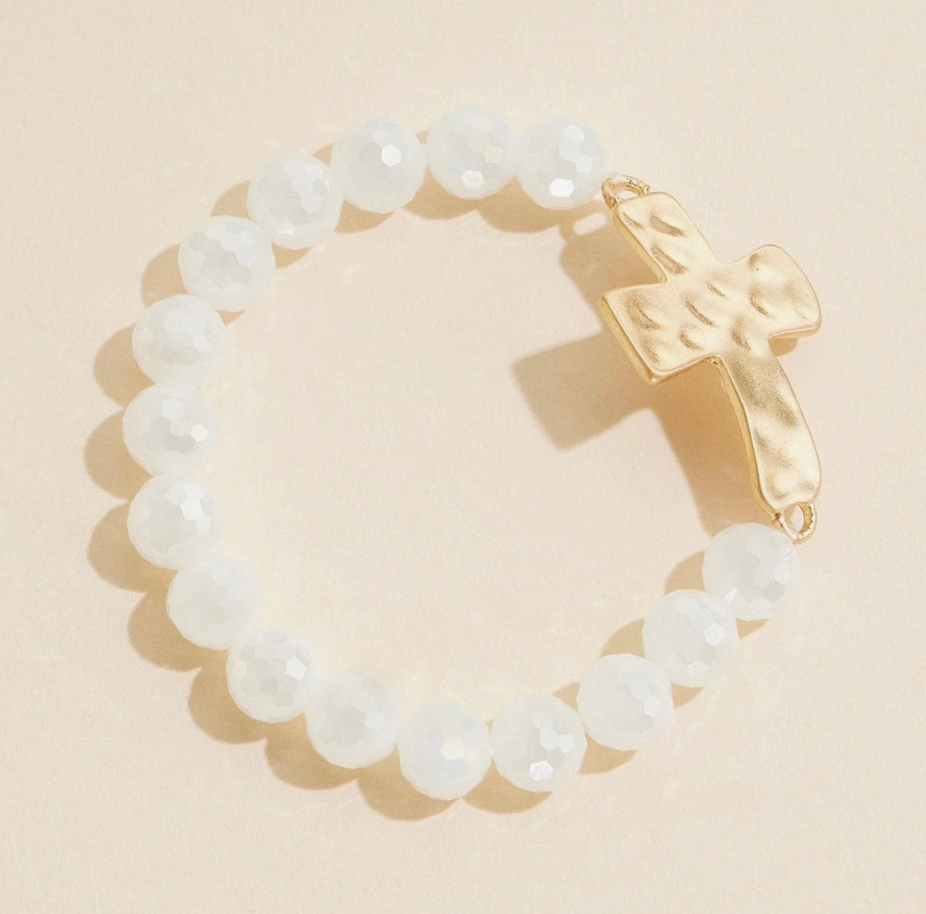 Creme Beaded Bracelet with Gold Hammered Cross
