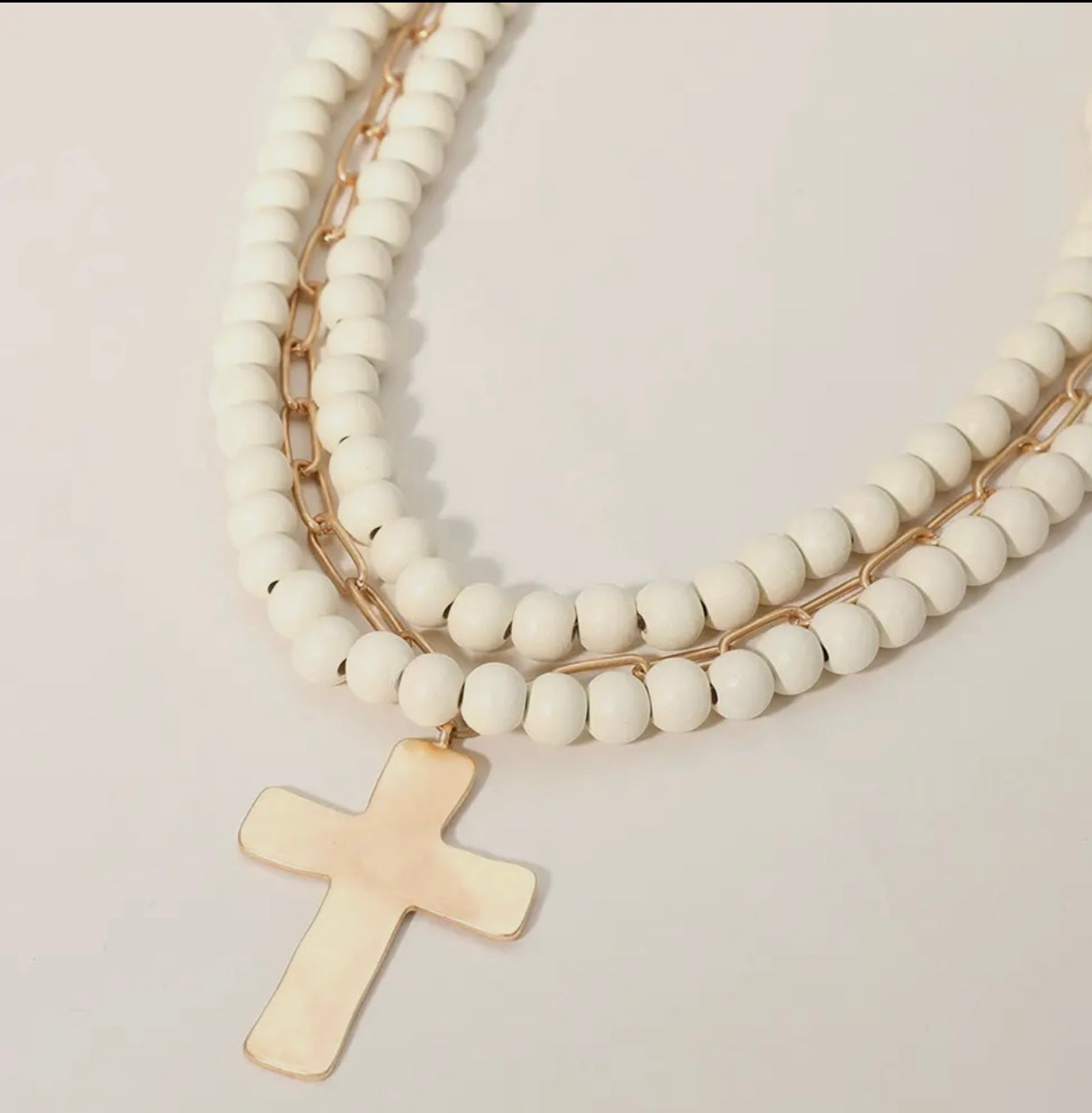 Hammered Metal Cross Pendant
Wood Chain Layered Necklace
