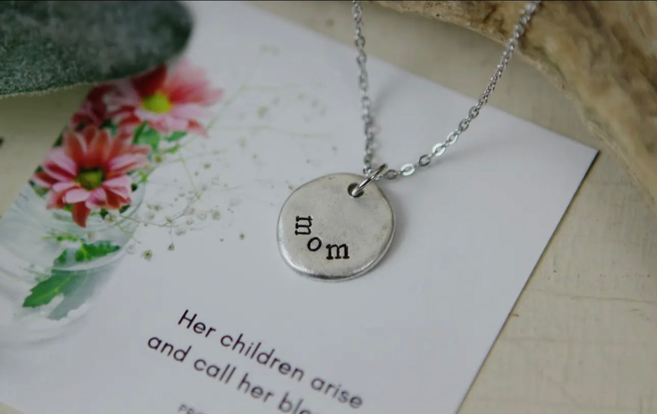 Mom Hand Stamped Silver Scripture Necklace