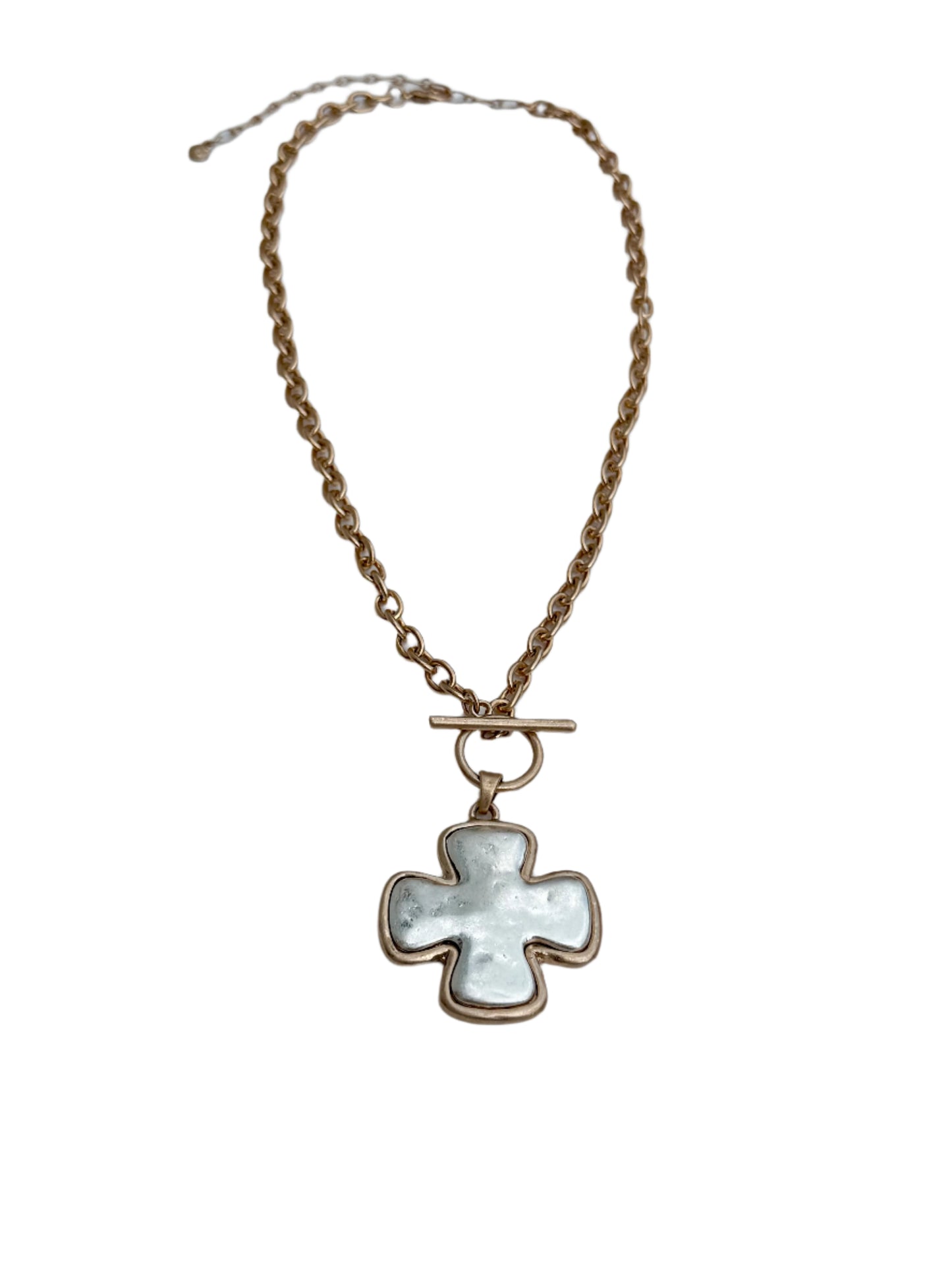 Two-tone Gold Toggle Chain Necklace with a Bold Silver Cross Pendant