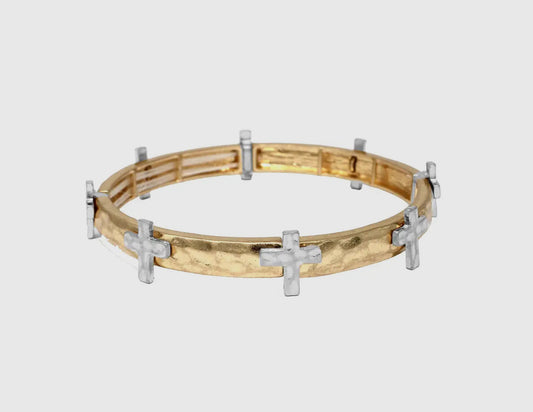 Gold Hammered Stretch Bracelet with Silver Cross Accents