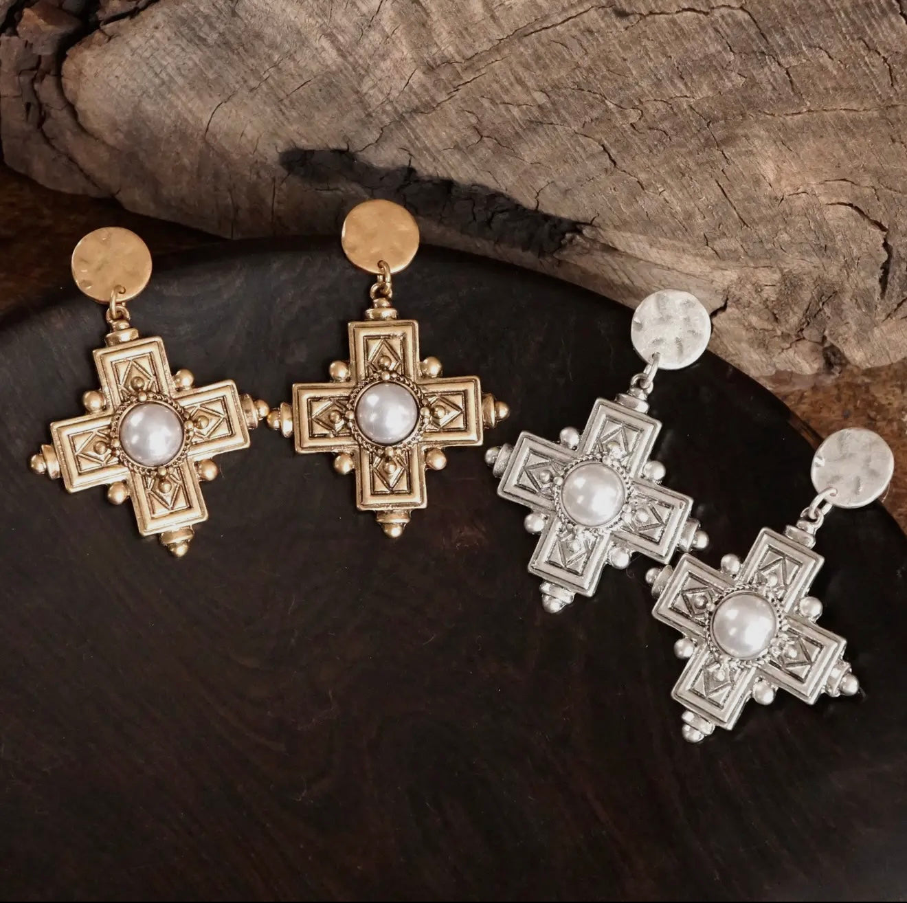 Gold Boho Cross Drop Statement Earrings - Gold & Silver Tones