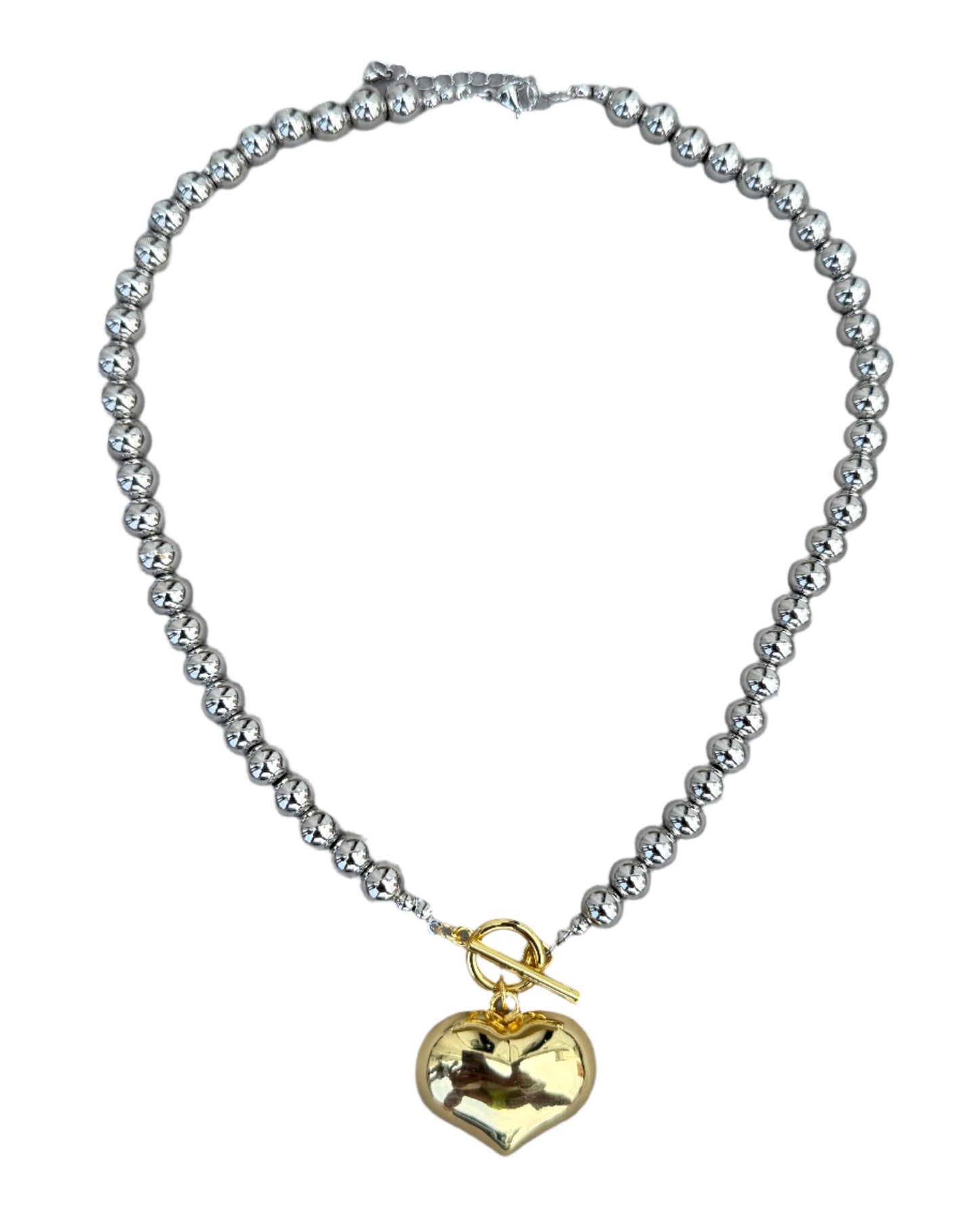 Two Tone/Mixed Metal Stainless Steel Ball Chain Necklace with Gold Heart Shaped pendant.