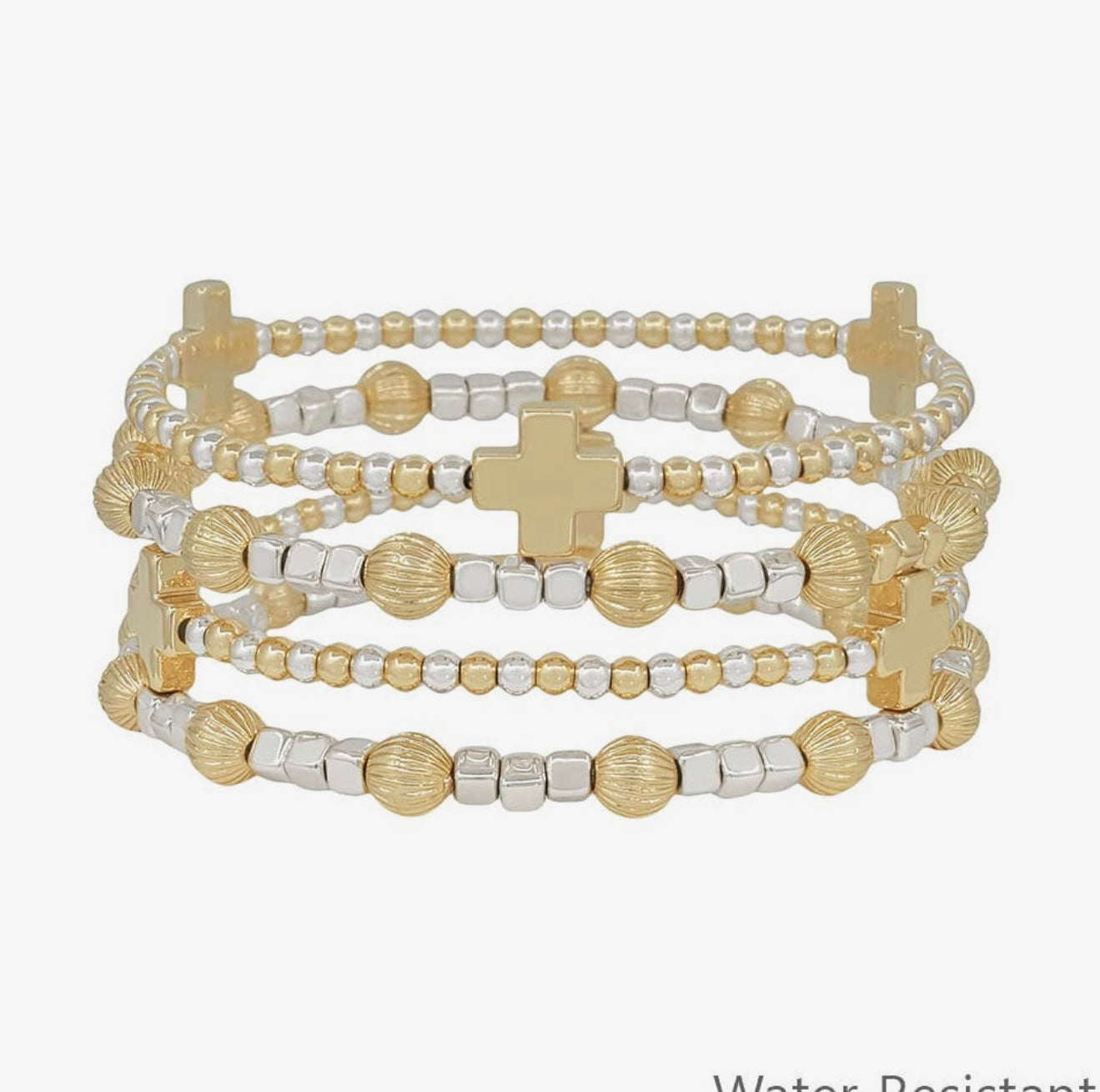 Water Resistant Silver and Gold Beaded with Cross Set of 4 Stretch Bracelets