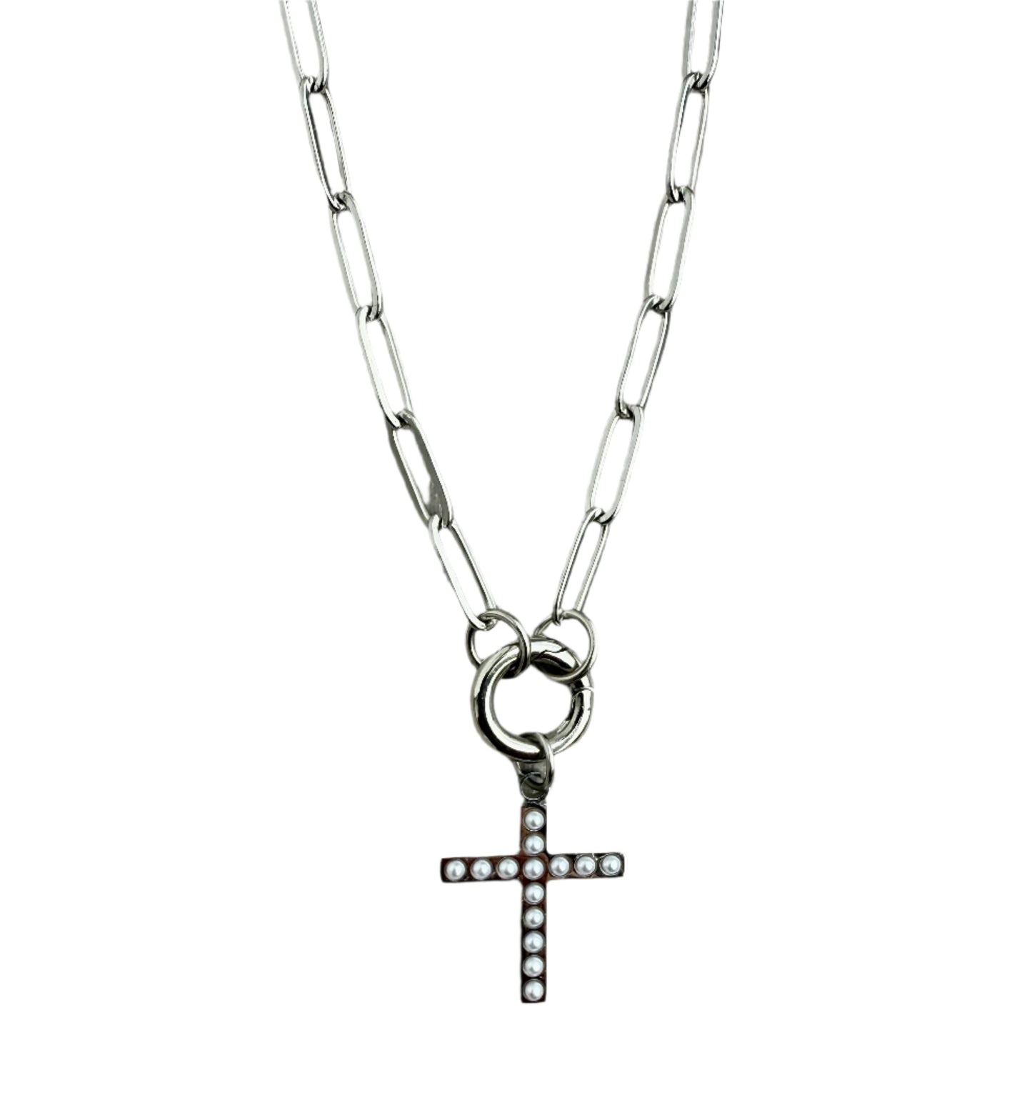 Silver Paperclip Carabiner Charm Holder Necklace with Silver & Pearl Cross Charm