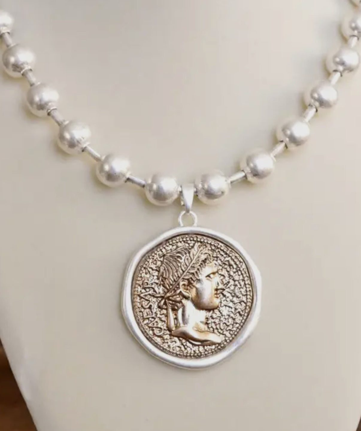 Silver Chunky Ball Chain Statements Necklace with Gold Coin Pendant