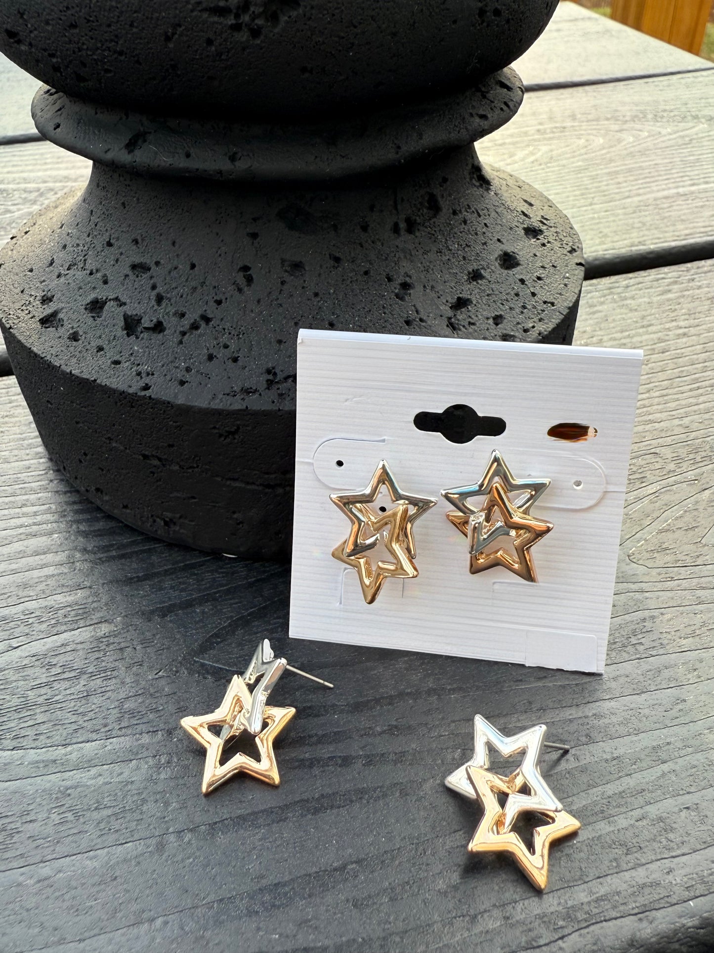 Two-Tone Shiny Double Star Dangle Post Earring