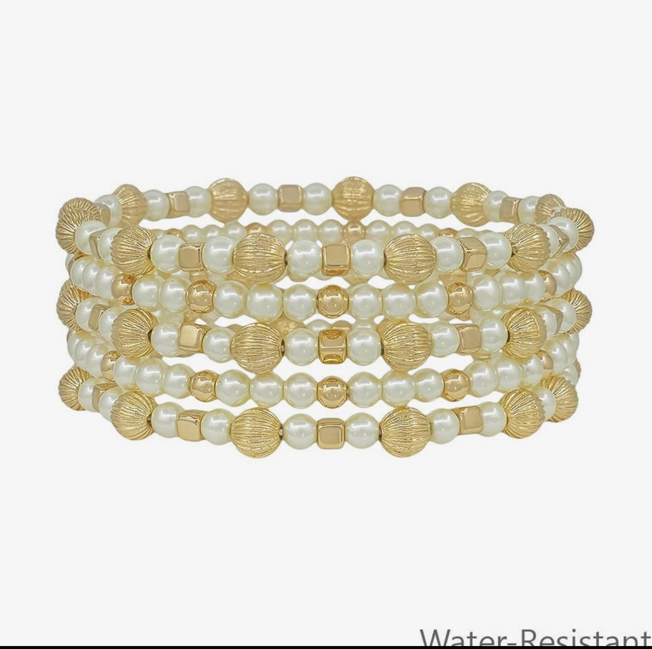 Water Resistant Pearl and Gold Beaded with Cross Set of 5 Stretch Bracelets