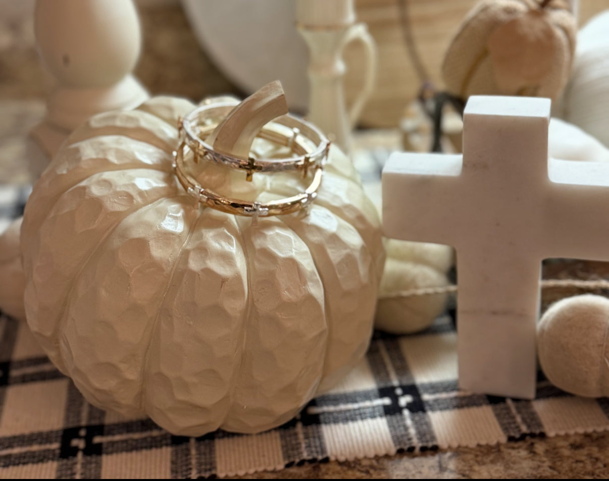 Silver Hammered Stretch Bracelet with Gold Cross Accents