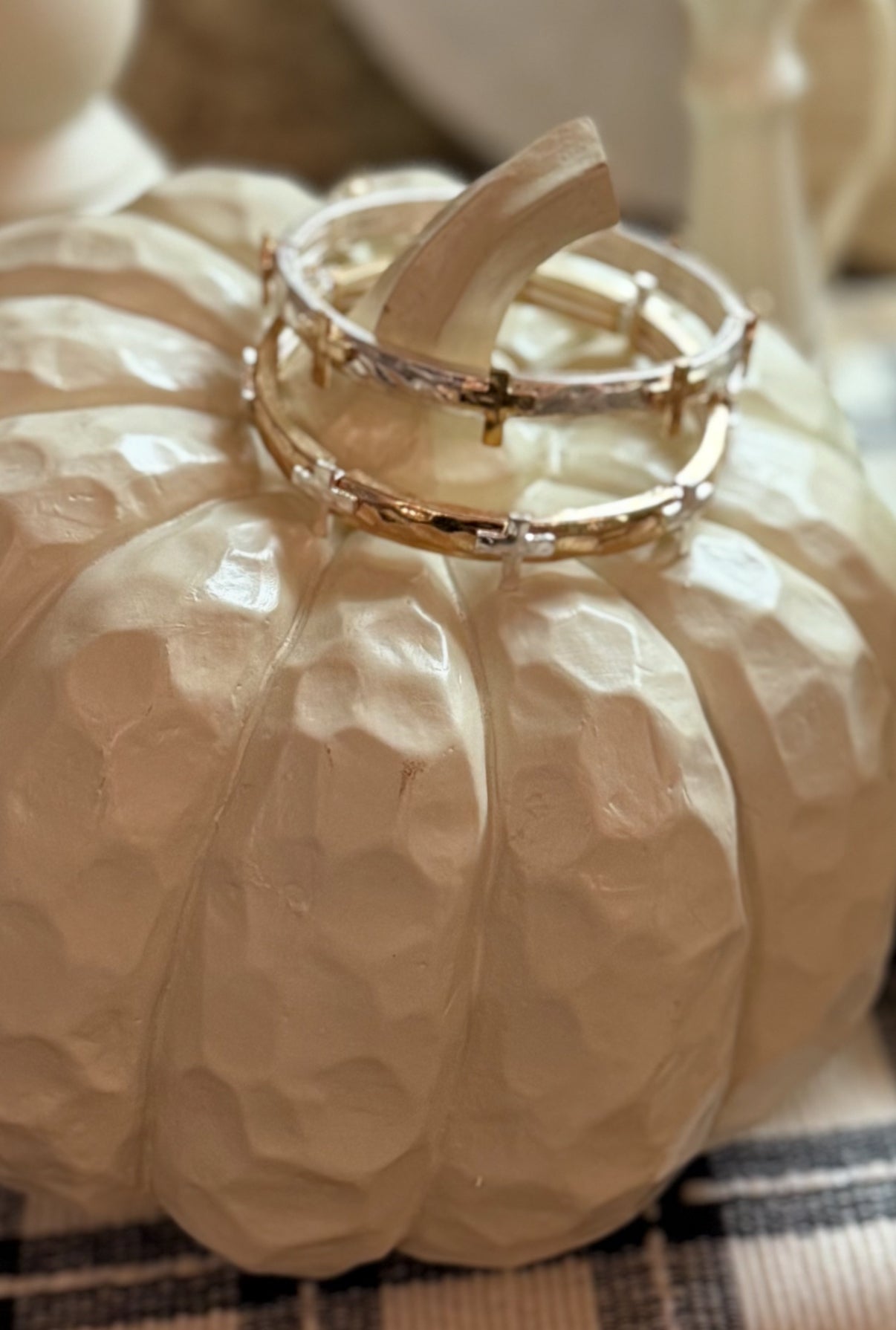 Silver Hammered Stretch Bracelet with Gold Cross Accents