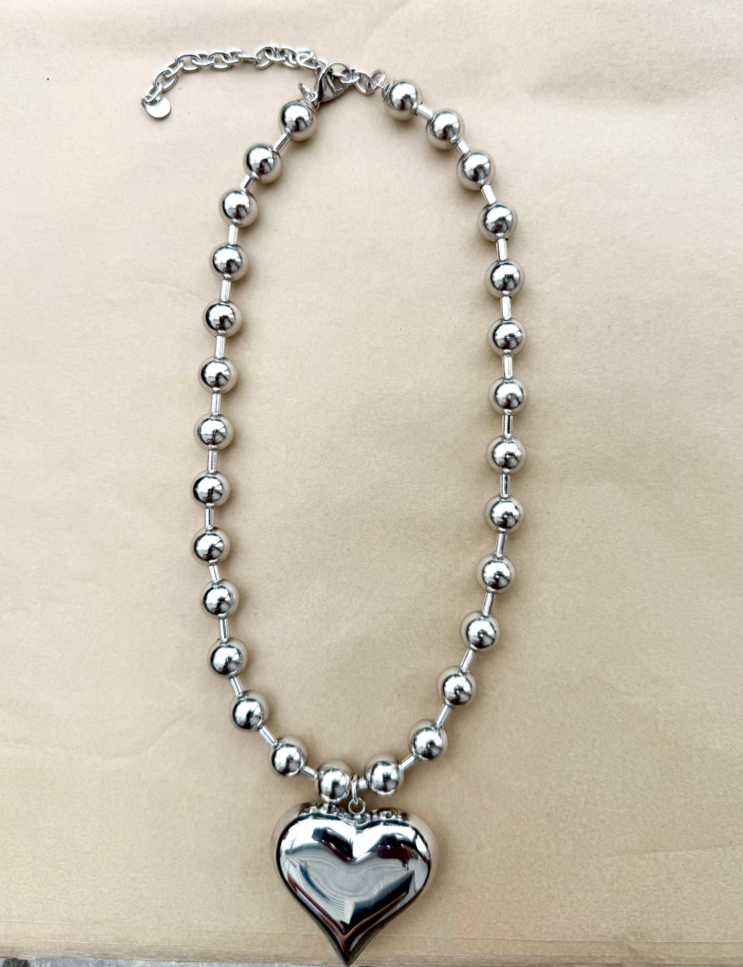 Ball Chain Silver Statement Necklace with Shiny Heart Pendant