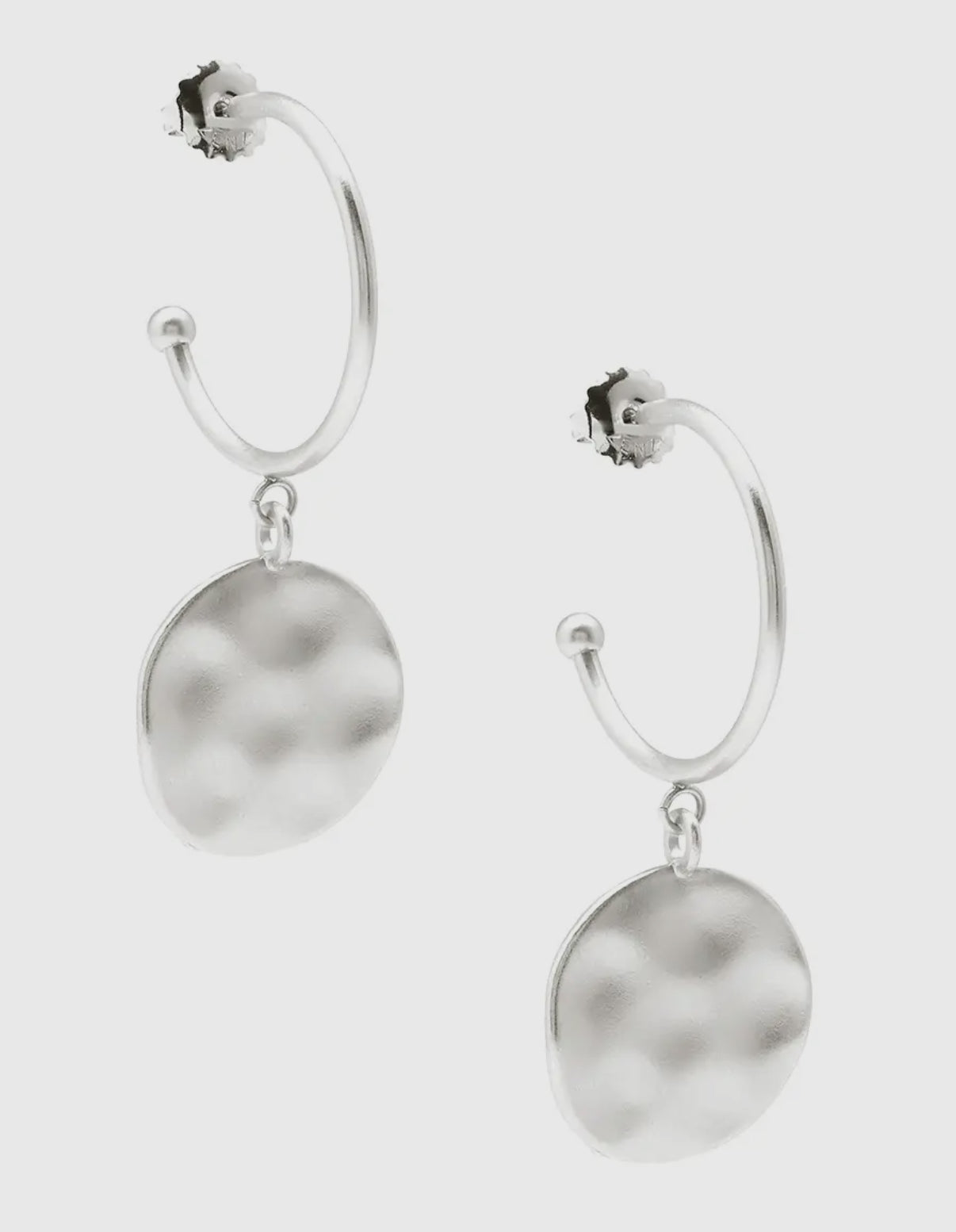 Medallion Charm Hoop Earring in Matte Silver