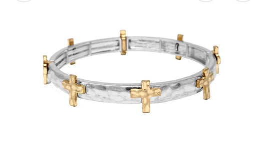 Silver Hammered Stretch Bracelet with Gold Cross Accents