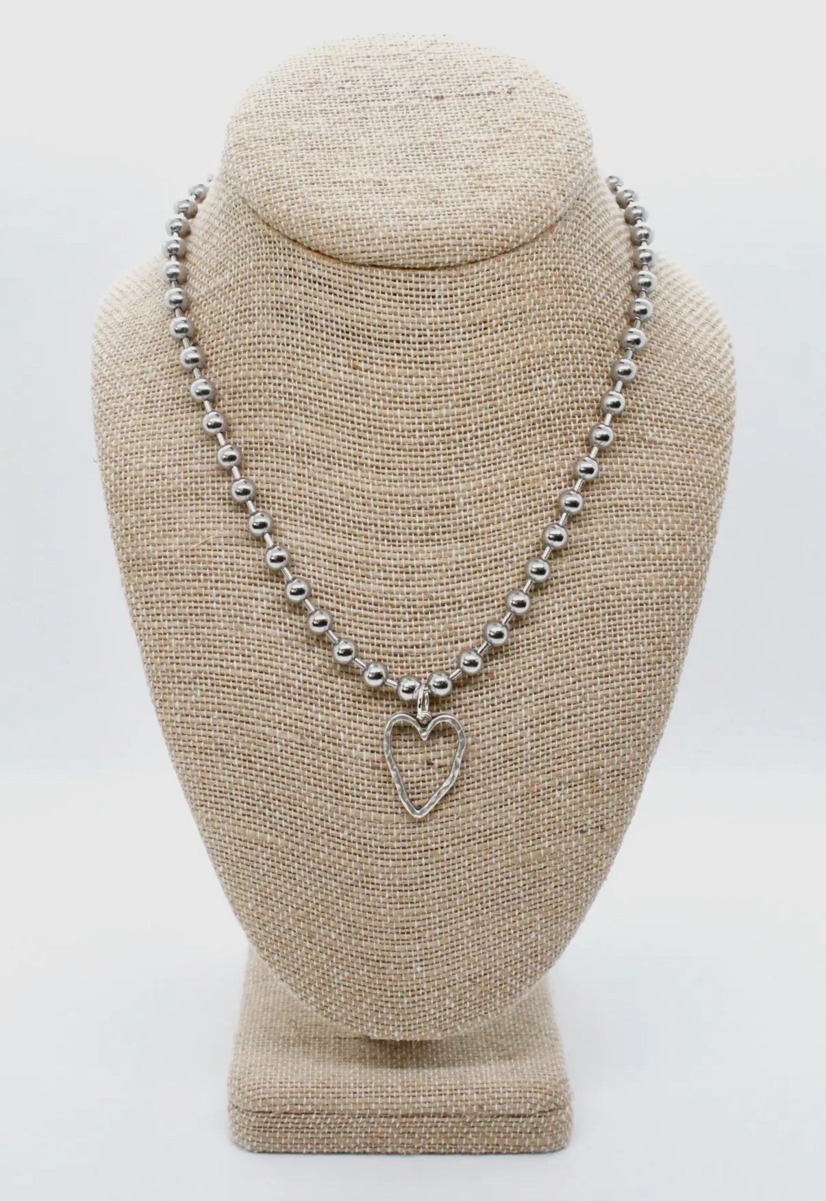 Small Open Silver Heart Pendant on Beaded Chain