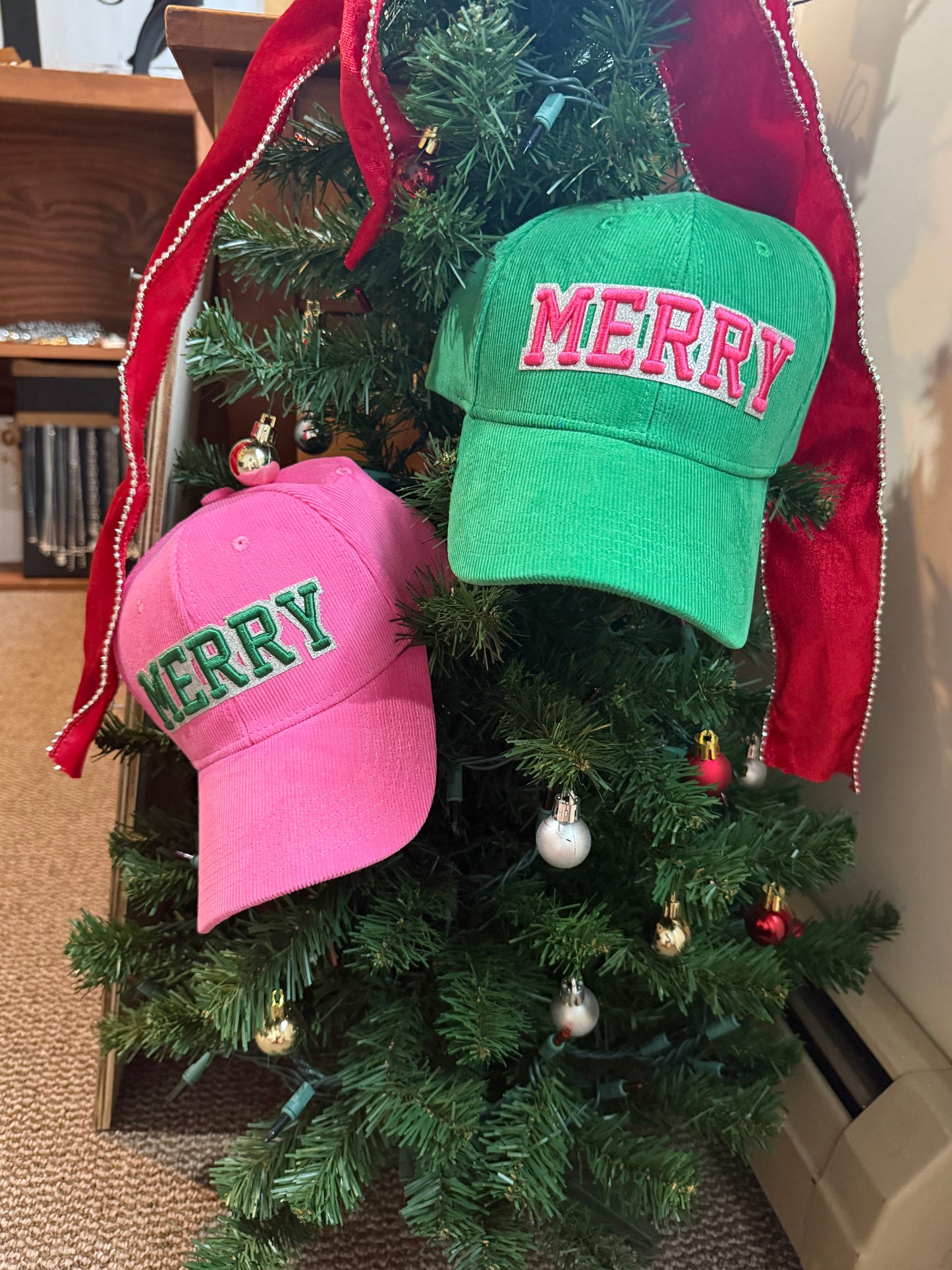 Green with Pink “Merry” Corduroy Baseball Hat (If you order by Sat 12/6 Hat should be here by Mon 12/8)