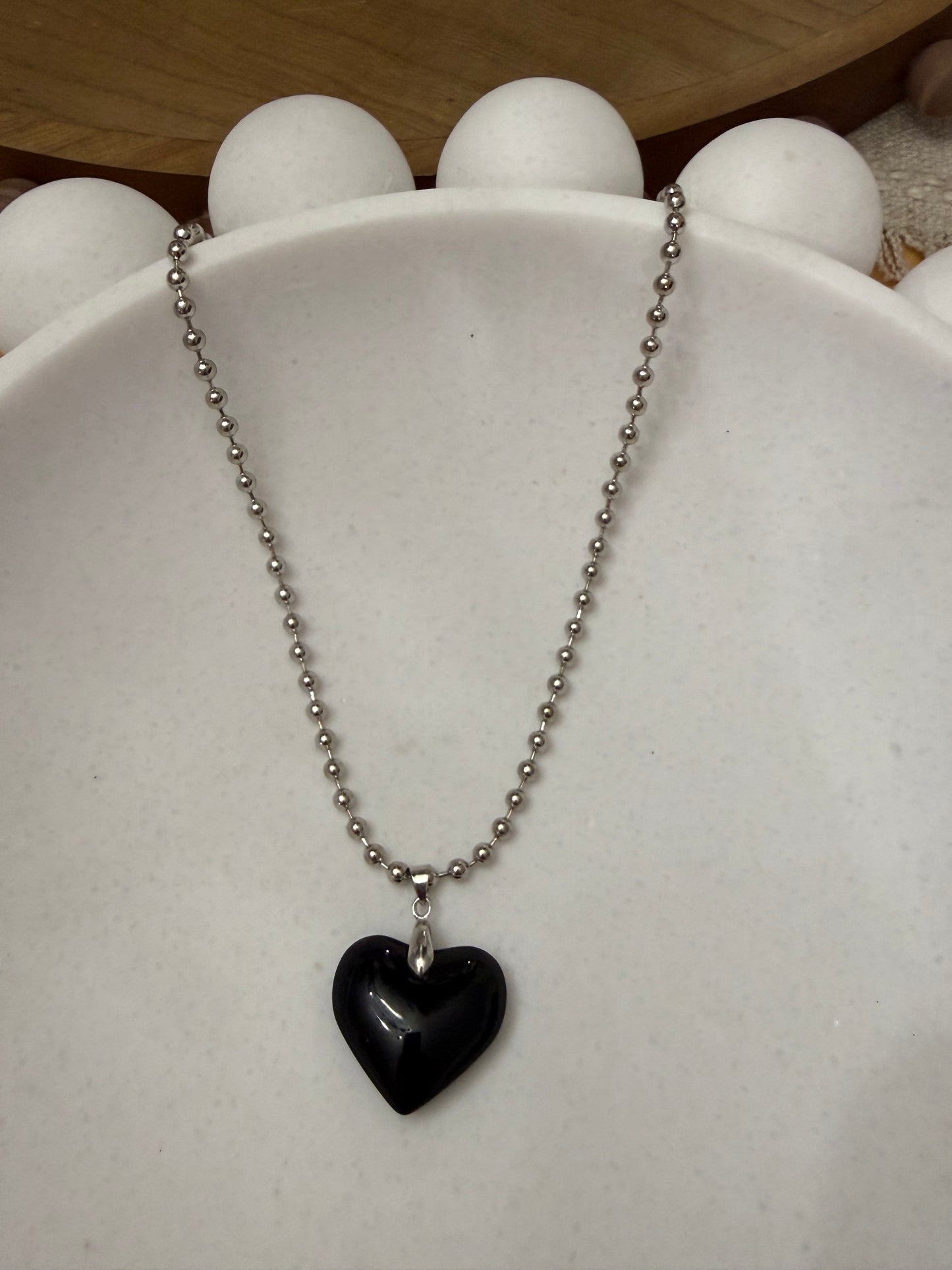 Steel Ball Small Bead Necklace with Black Glass Puffy Heart Pendant