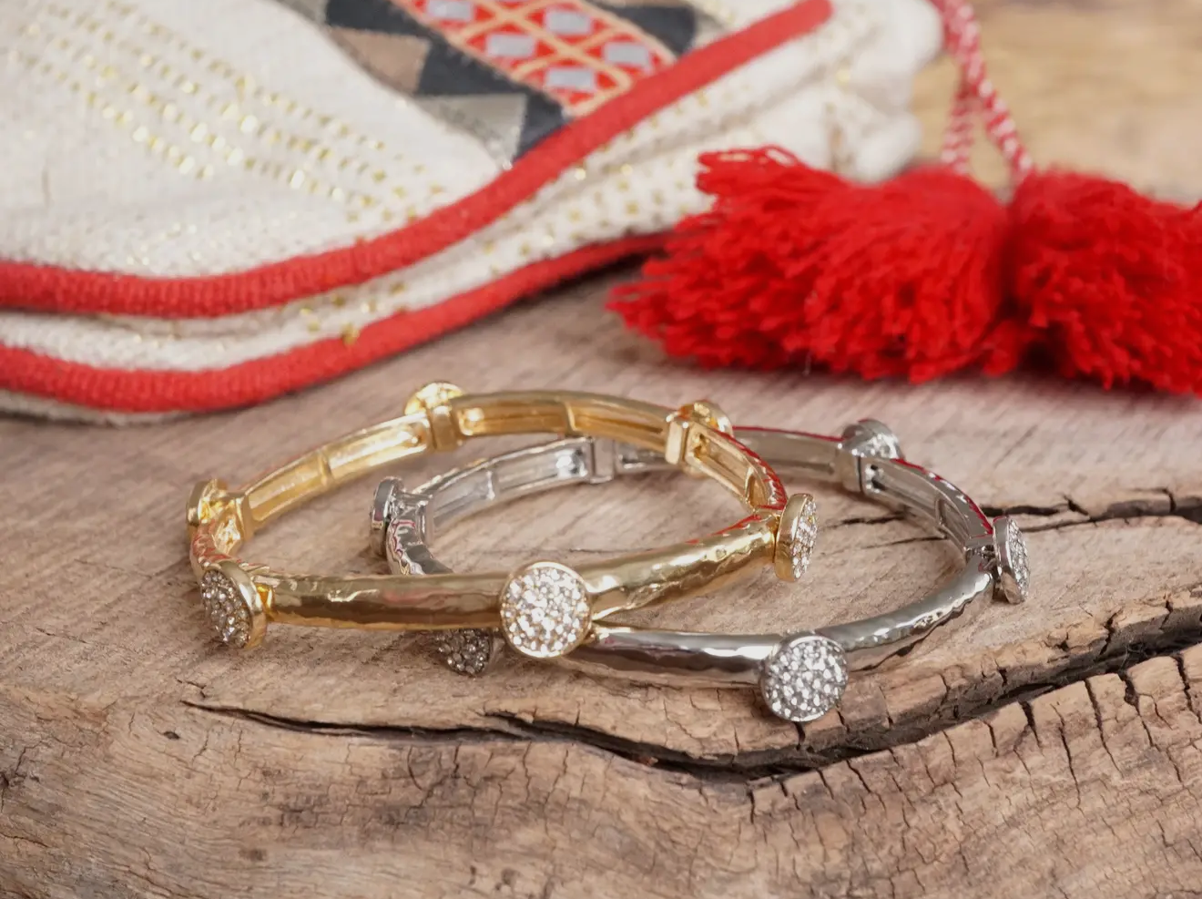 Silver Stretchy Bangle with Crystal Pavé Round Accents