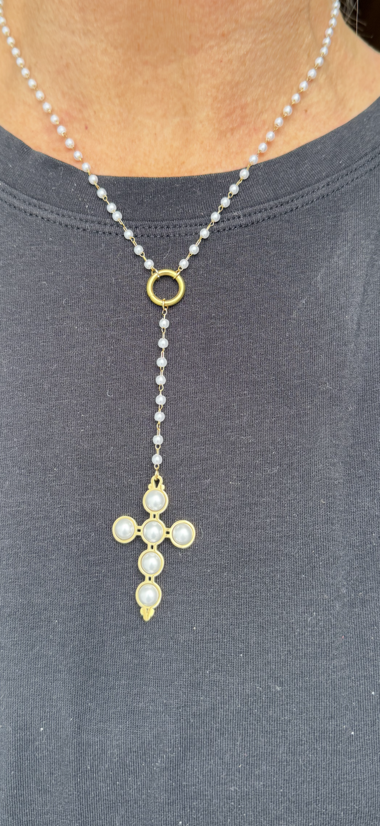 Lariat Pearl Cross Necklace