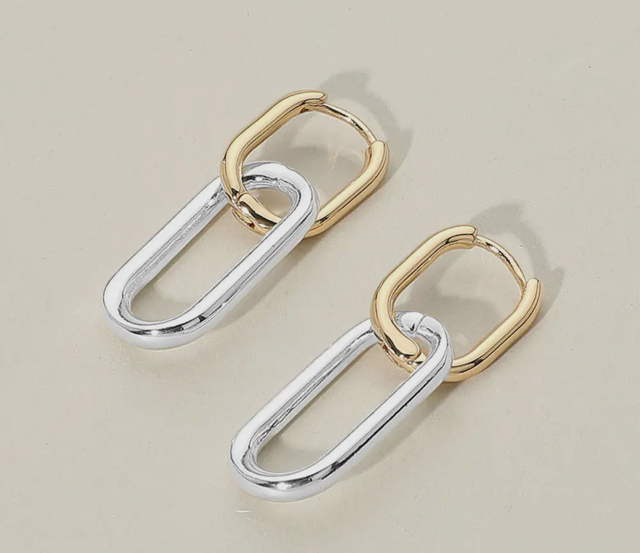 Two Tone Metal Geometric Link
Drop Huggie Earrings