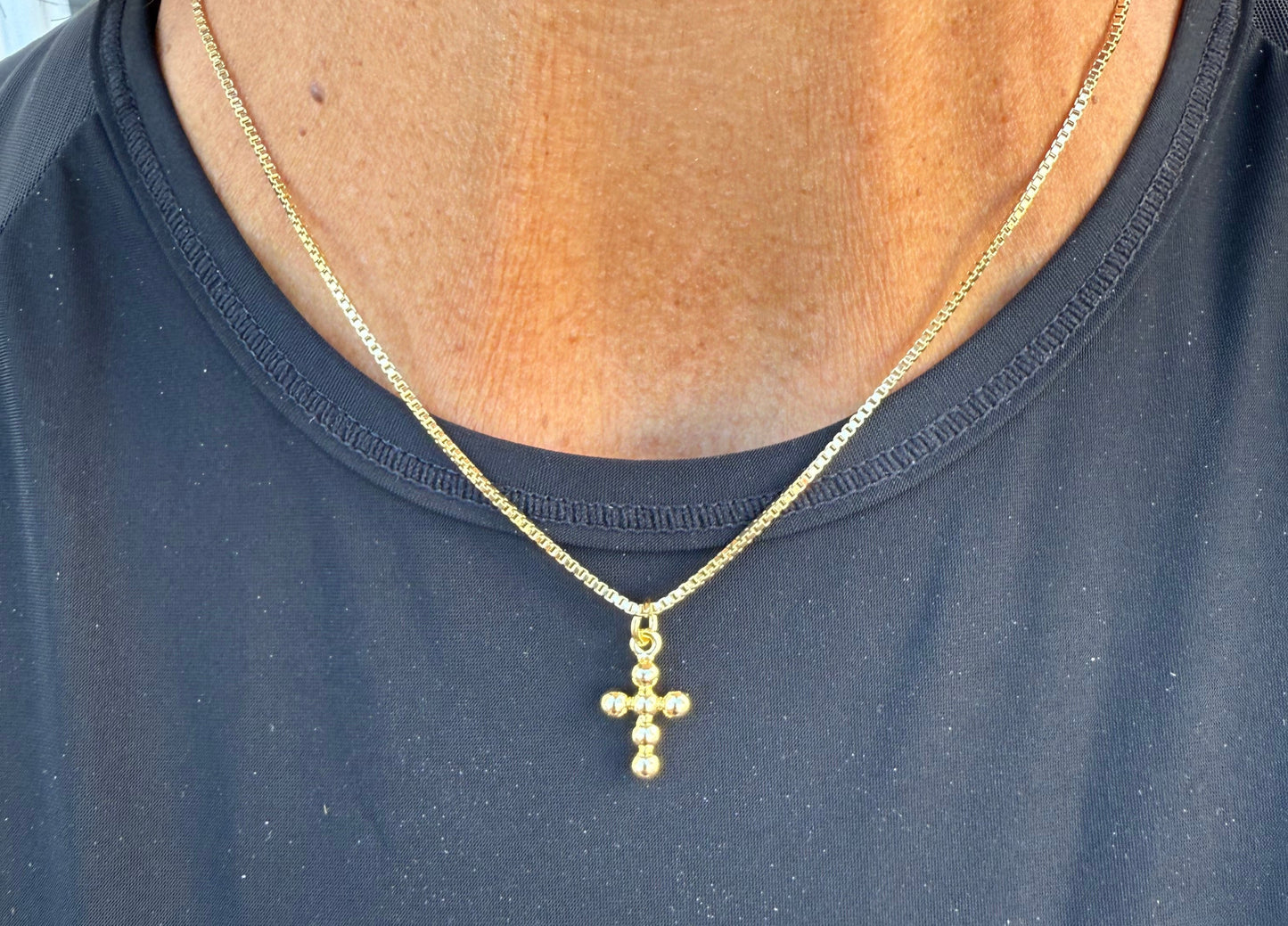 16" in Box Chain Necklace with Dainty Gold Ball Beaded Cross Charm