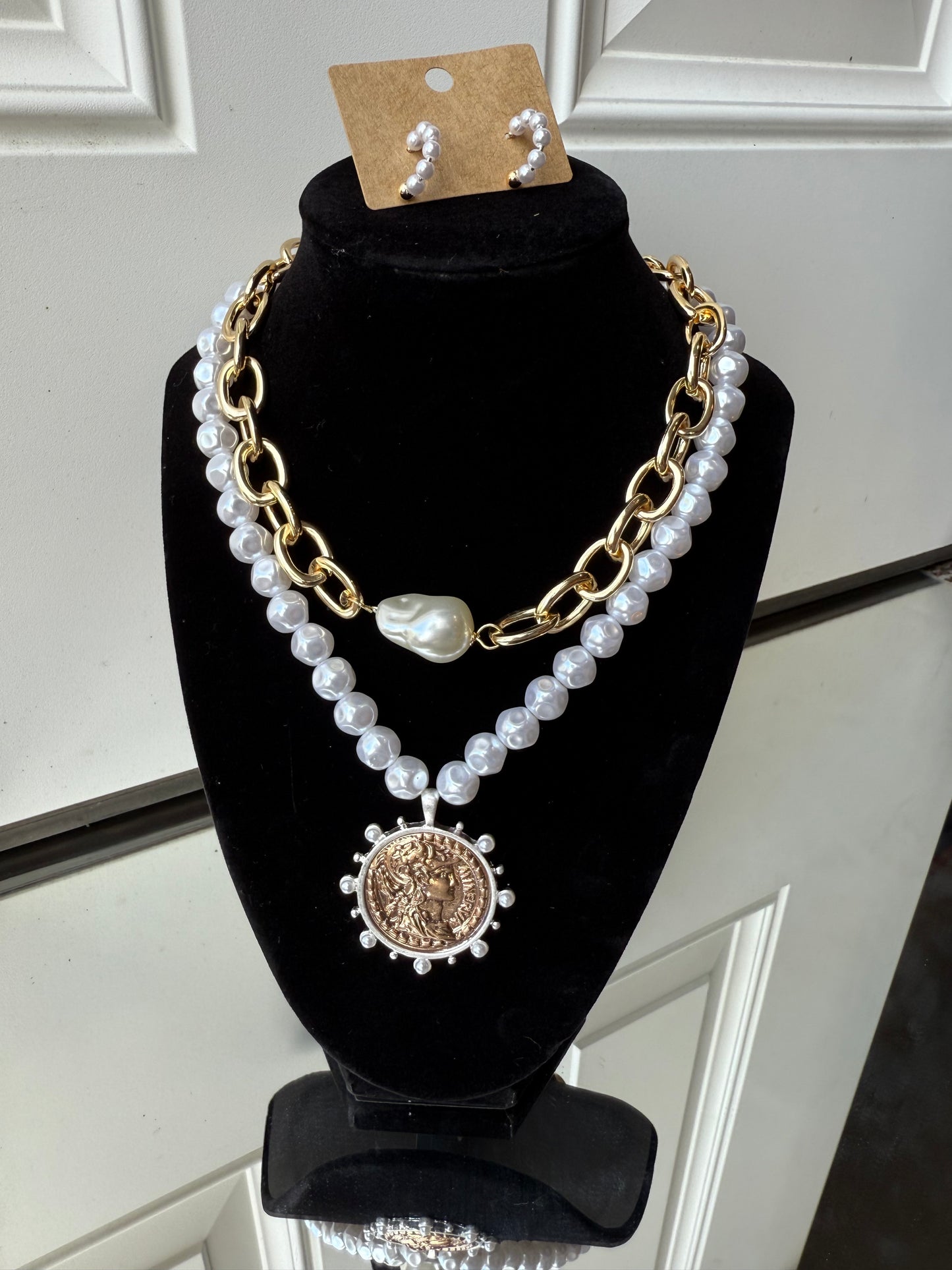 Boho Pearl Statement Necklace with Two-Tone Spiky Coin Pendant