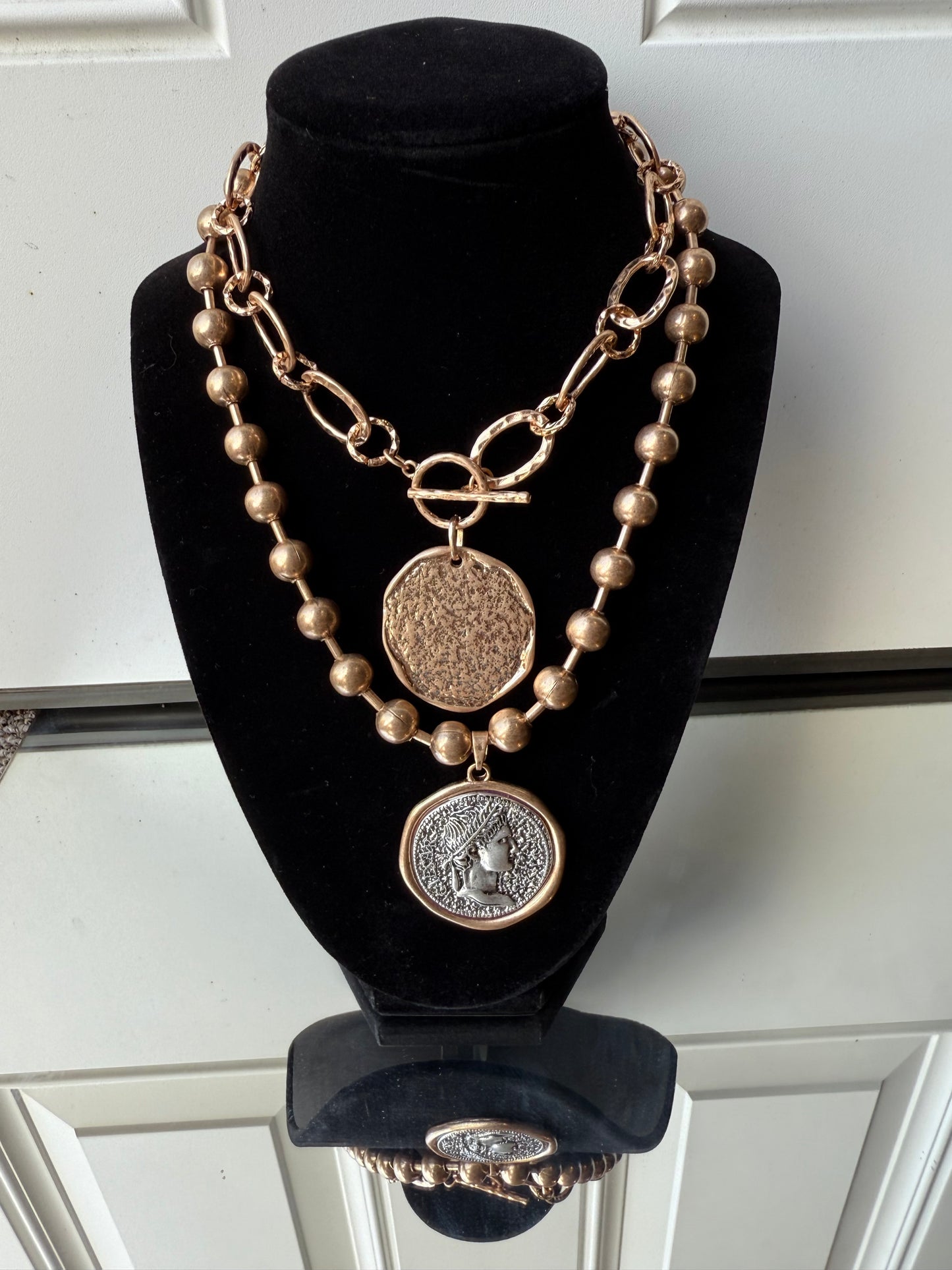 Worn Gold Toggle Statement Necklace with Hammered Disk Pendant