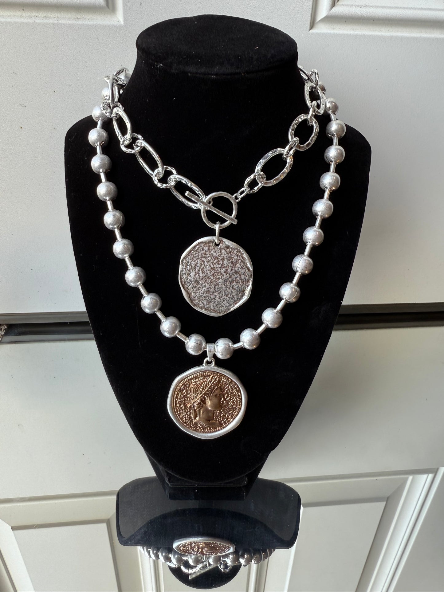 Worn Silver Toggle Statement Necklace with Hammered Disc Pendant