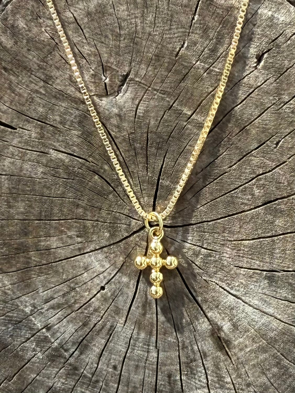 16" in Box Chain Necklace with Dainty Gold Ball Beaded Cross Charm