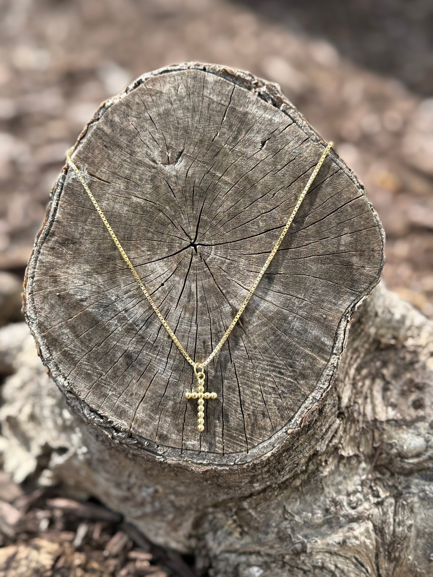 18" Box Chain Necklace with 1' Ball Bead Cross Charm