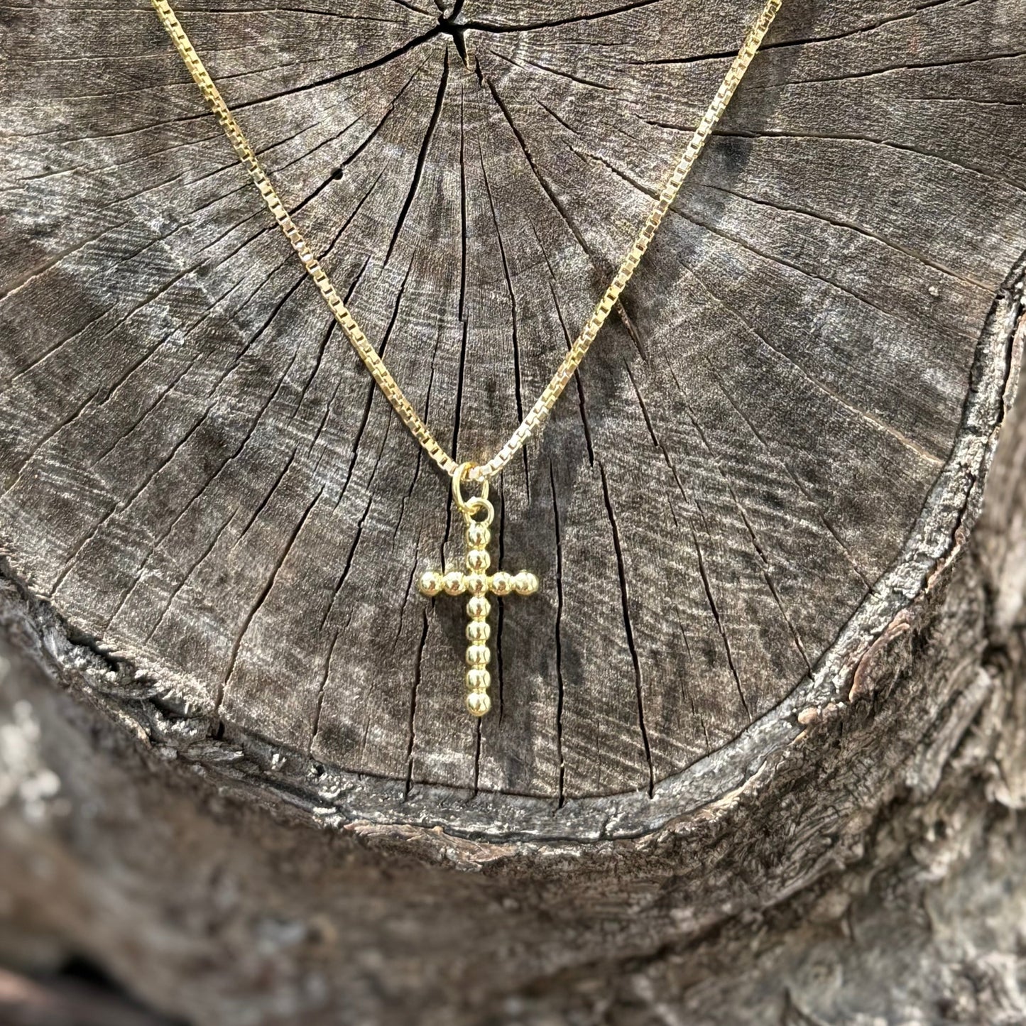 18" Box Chain Necklace with 1' Ball Bead Cross Charm