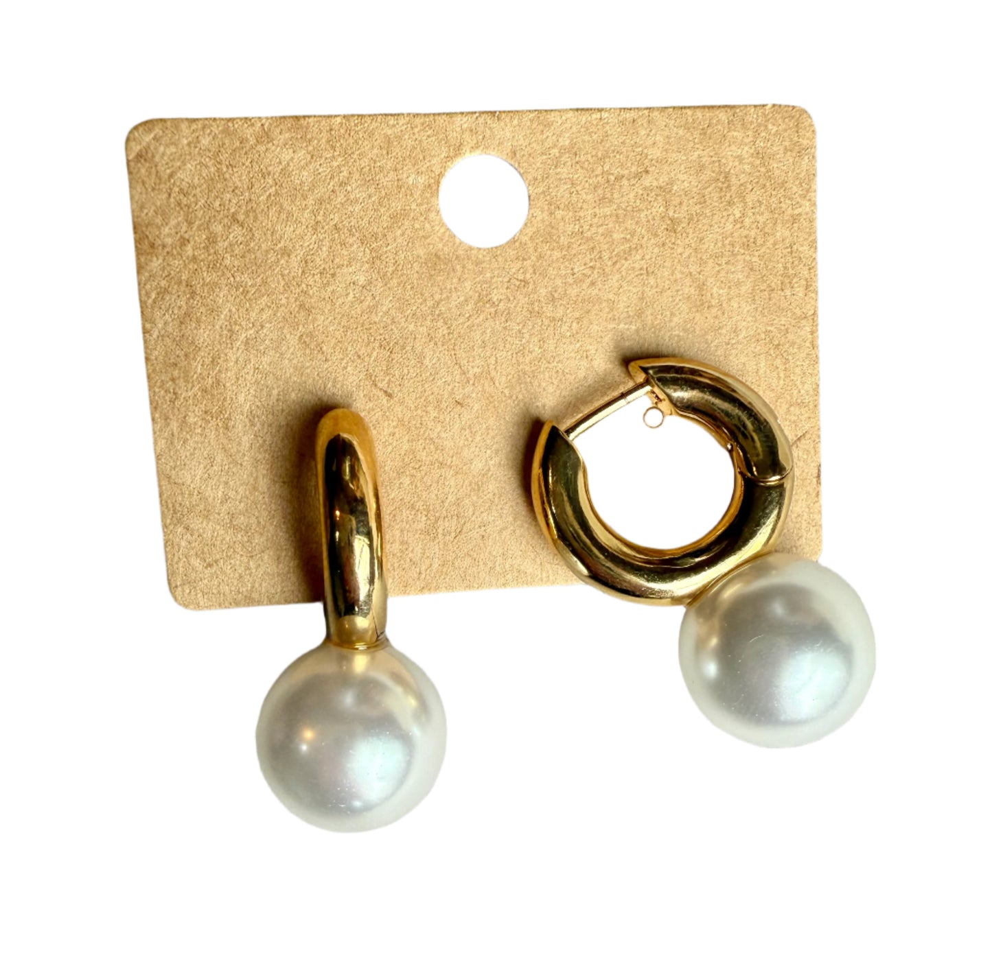 Gold Shiny Hoop Earrings with Pearl Drop