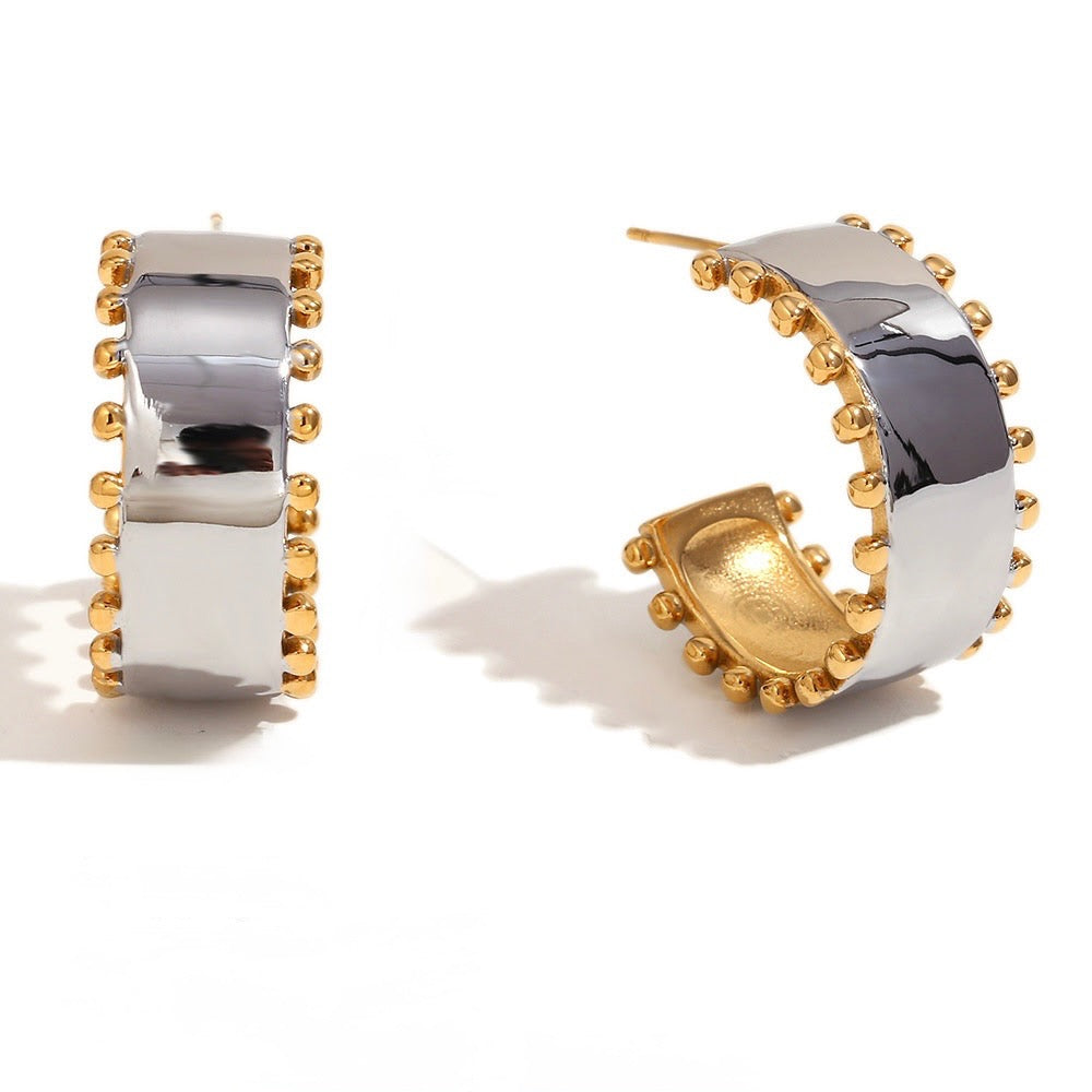 Two-Tone/Mixed Metal Stainless Steel hoop post Earrings with Gold Ball Edging.