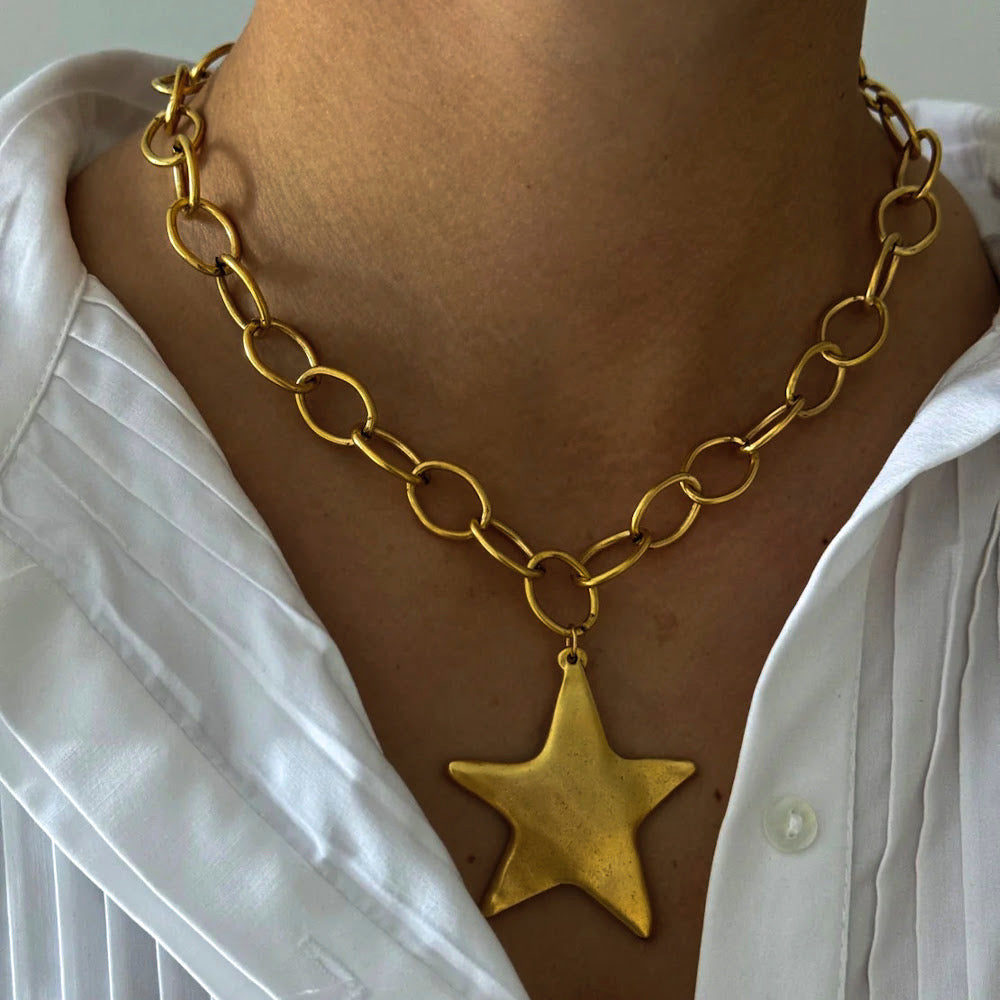 Gold Chunky Matte Link Chain with Large Star Pendant