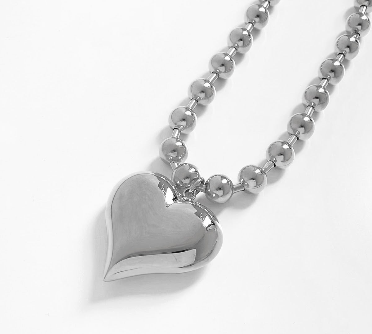 Ball Chain Silver Statement Necklace with Shiny Heart Pendant