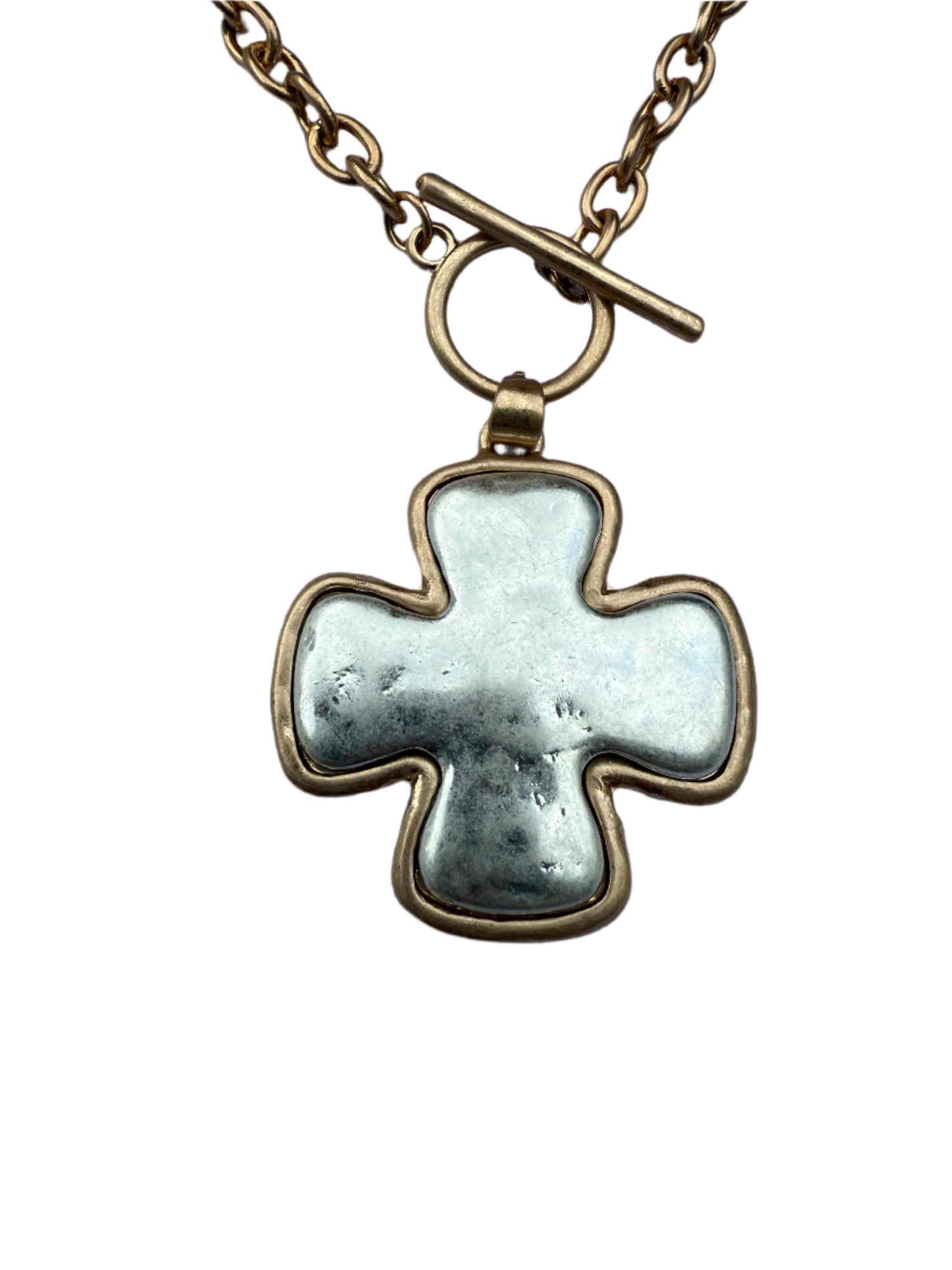 Two-tone Gold Toggle Chain Necklace with a Bold Silver Cross Pendant
