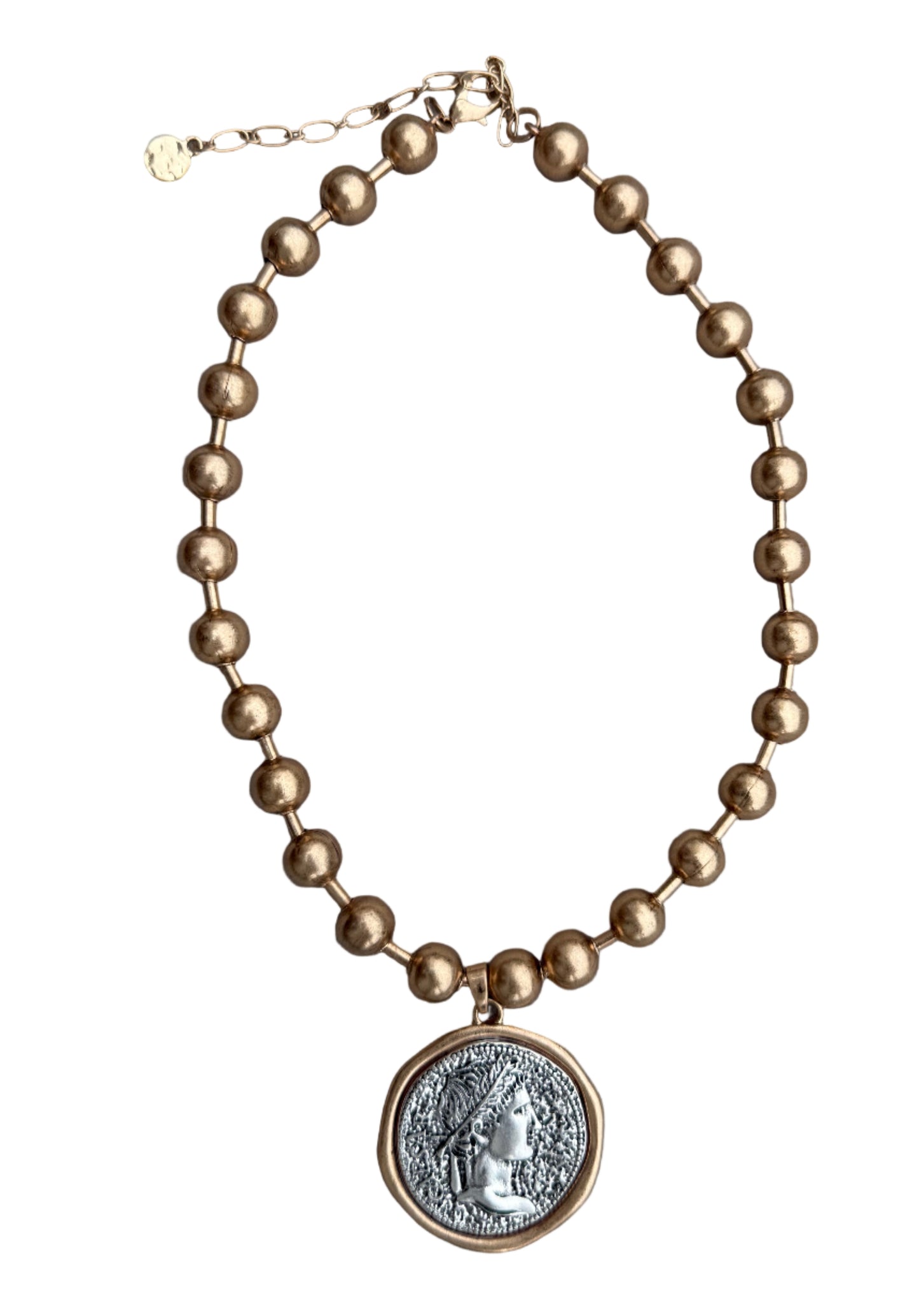 Gold Ball Chain Statement Necklace with Silver Chunky Coin Pendant