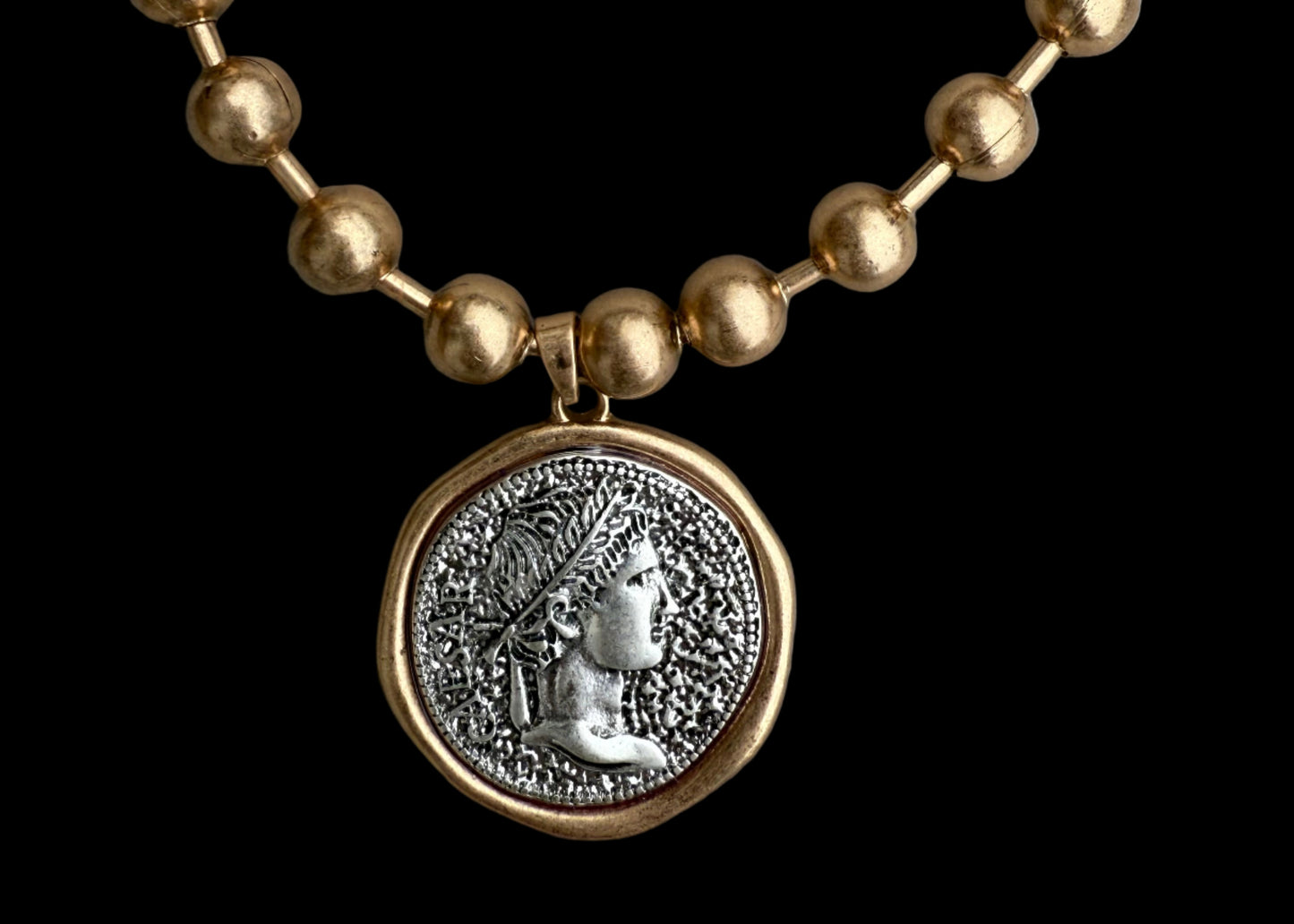 Gold Ball Chain Statement Necklace with Silver Chunky Coin Pendant