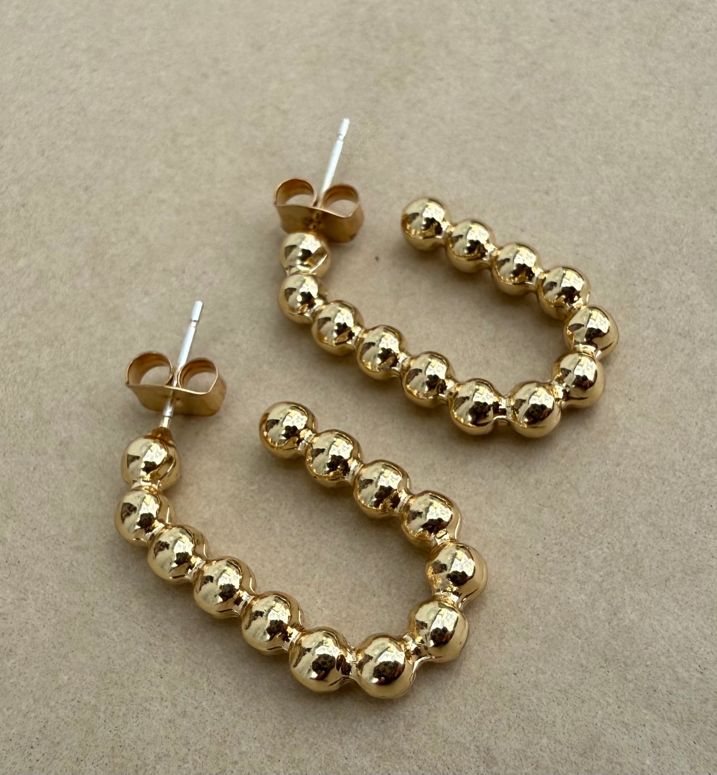 Gold-Beaded Open Hoop Post Earring