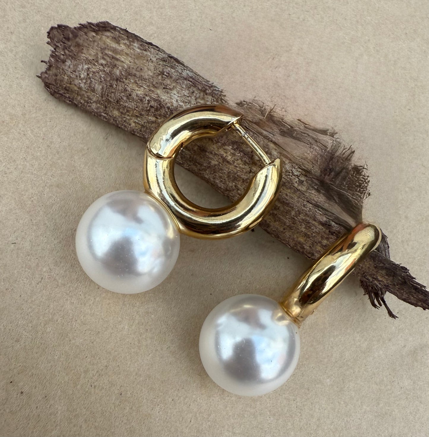 Gold Shiny Hoop Earrings with Pearl Drop