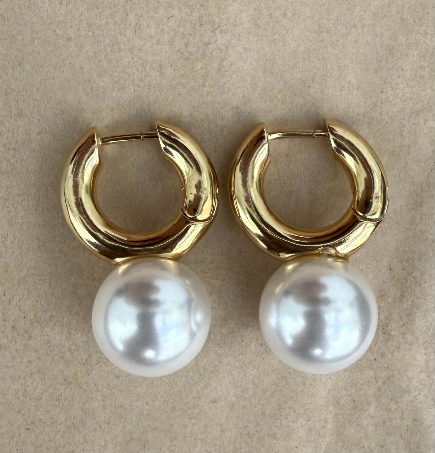 Gold Shiny Hoop Earrings with Pearl Drop