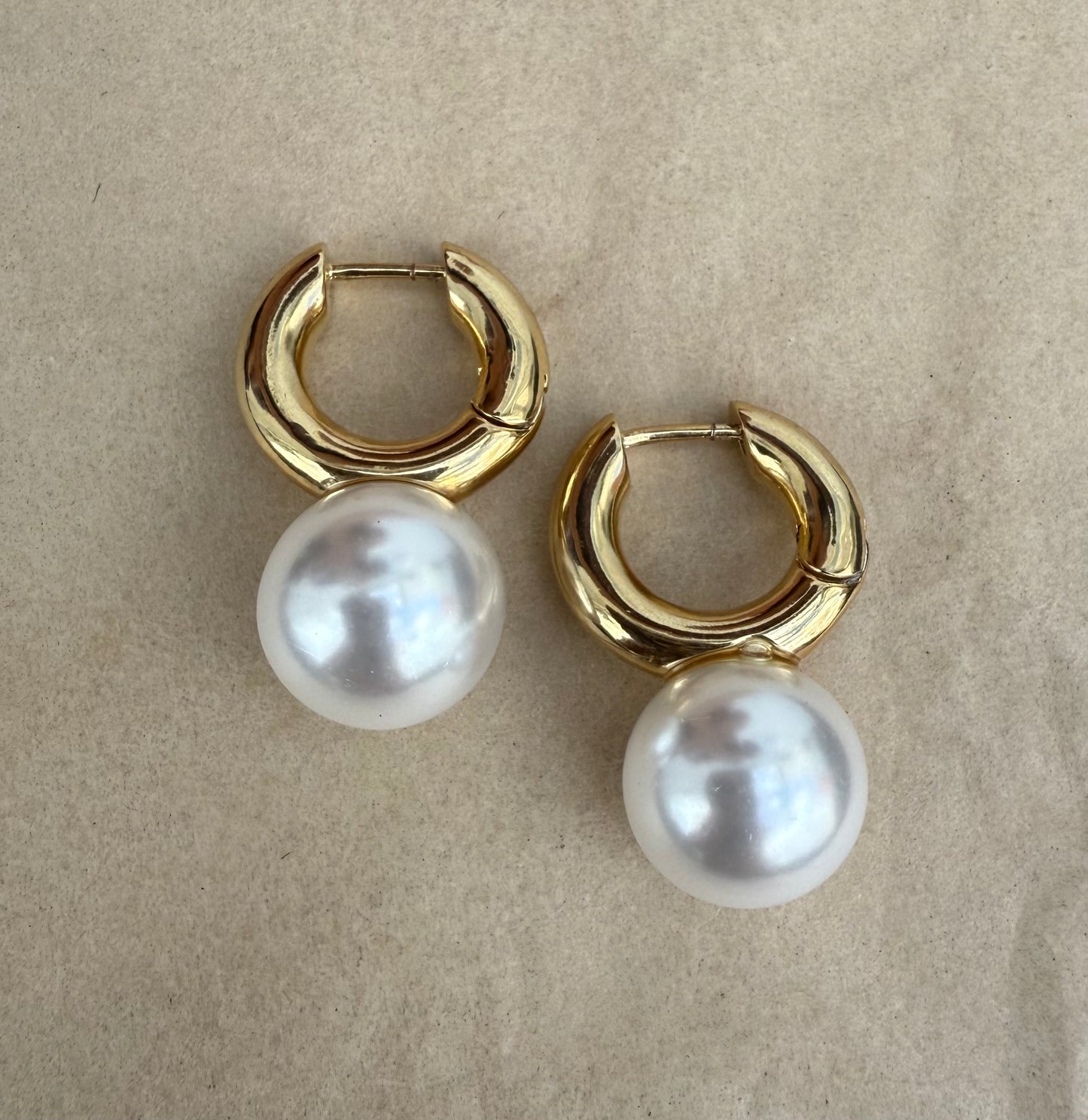 Gold Shiny Hoop Earrings with Pearl Drop